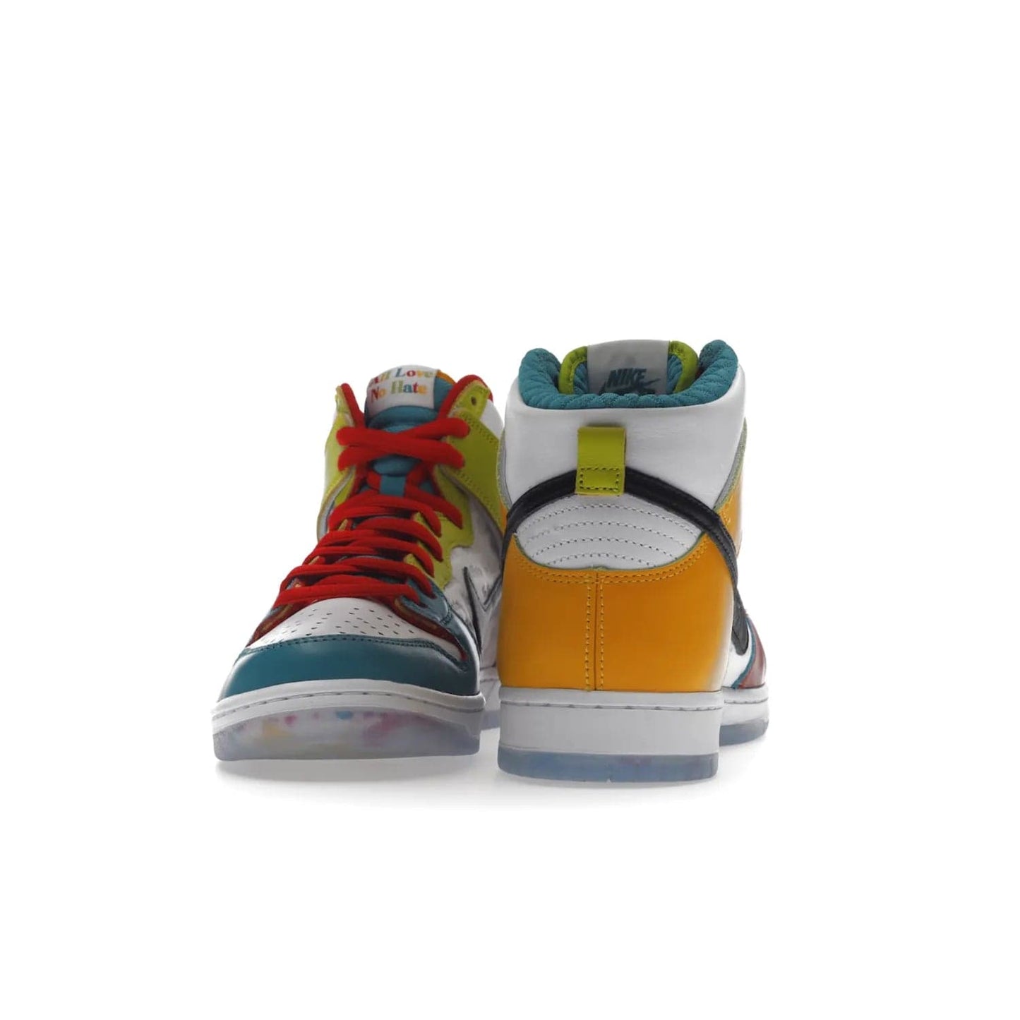 Nike SB Dunk High Pro froSkate All Love - Image 11 - Only at www.BallersClubKickz.com - Shop the latest Nike SB Dunk High Pro from FroSkate's 'All Love No Hate' line. 100% leather in a white and Metallic Gold-University Red colorway, featuring 'FroSkate' and 'All Love No Hate' branding on insoles, outsoles, tongue tags, and upper. Quilted inner liners and a heart-shaped perforated toe box for the perfect finish. Out November 30, 2022.