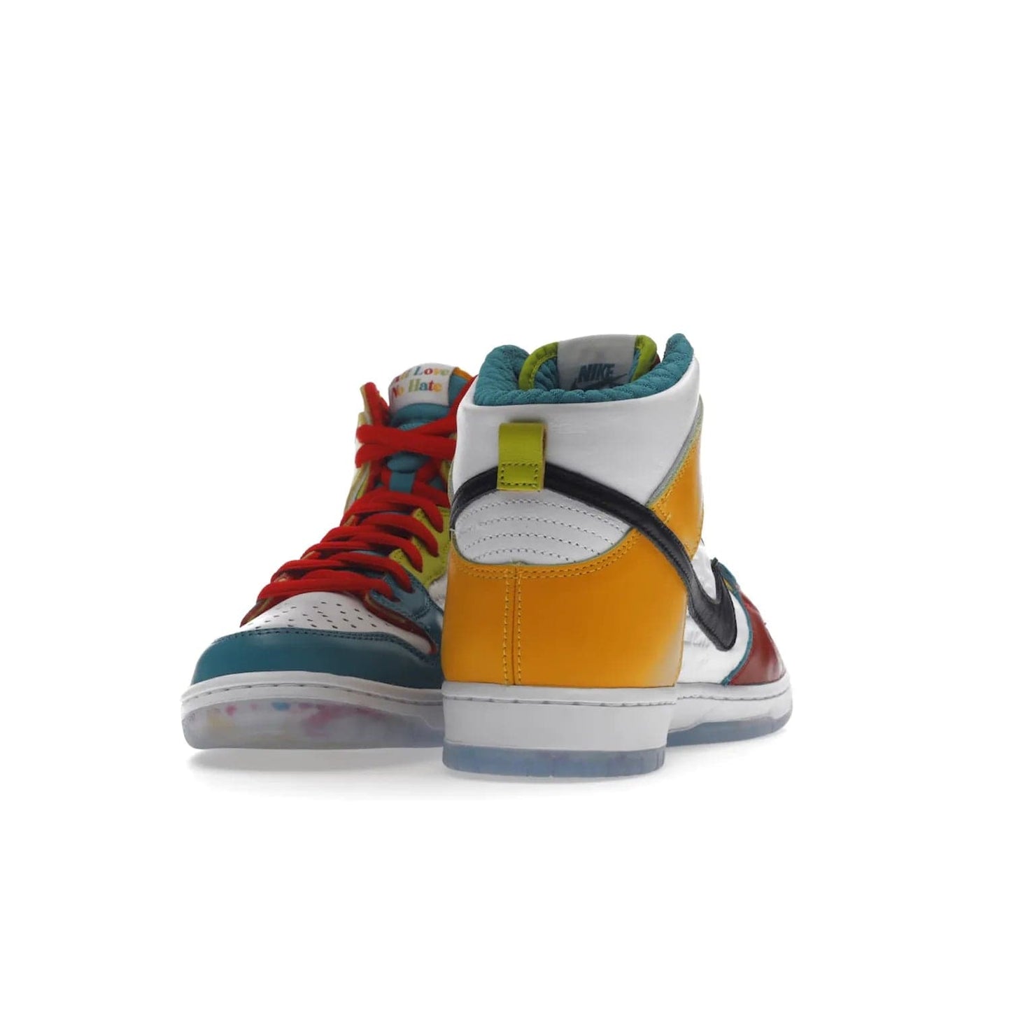 Nike SB Dunk High Pro froSkate All Love - Image 12 - Only at www.BallersClubKickz.com - Shop the latest Nike SB Dunk High Pro from FroSkate's 'All Love No Hate' line. 100% leather in a white and Metallic Gold-University Red colorway, featuring 'FroSkate' and 'All Love No Hate' branding on insoles, outsoles, tongue tags, and upper. Quilted inner liners and a heart-shaped perforated toe box for the perfect finish. Out November 30, 2022.