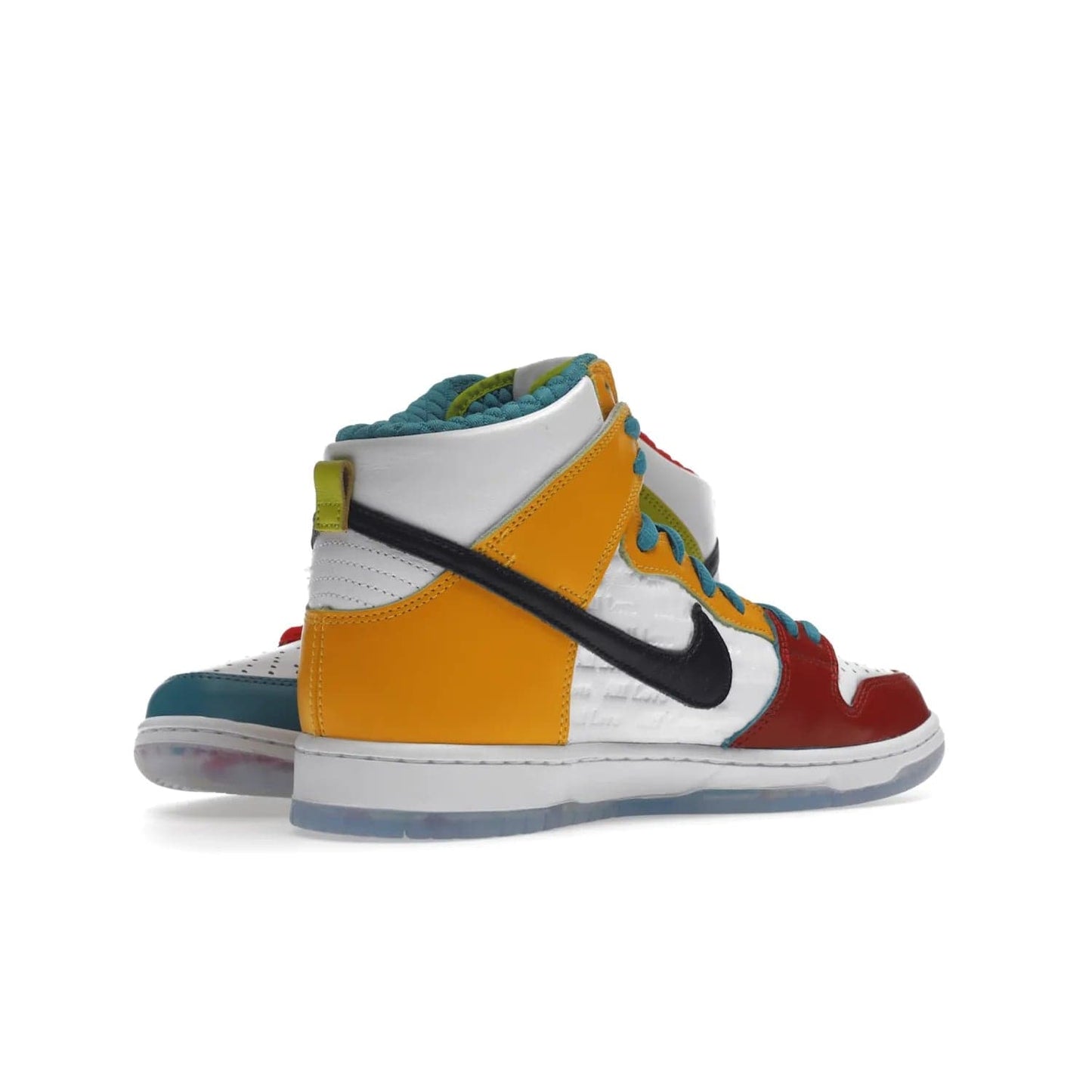 Nike SB Dunk High Pro froSkate All Love - Image 15 - Only at www.BallersClubKickz.com - Shop the latest Nike SB Dunk High Pro from FroSkate's 'All Love No Hate' line. 100% leather in a white and Metallic Gold-University Red colorway, featuring 'FroSkate' and 'All Love No Hate' branding on insoles, outsoles, tongue tags, and upper. Quilted inner liners and a heart-shaped perforated toe box for the perfect finish. Out November 30, 2022.