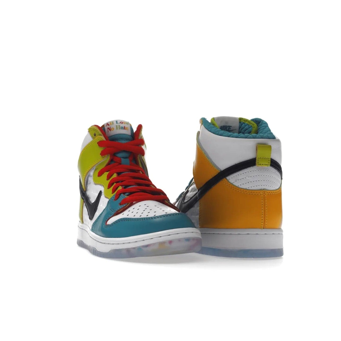Nike SB Dunk High Pro froSkate All Love - Image 8 - Only at www.BallersClubKickz.com - Shop the latest Nike SB Dunk High Pro from FroSkate's 'All Love No Hate' line. 100% leather in a white and Metallic Gold-University Red colorway, featuring 'FroSkate' and 'All Love No Hate' branding on insoles, outsoles, tongue tags, and upper. Quilted inner liners and a heart-shaped perforated toe box for the perfect finish. Out November 30, 2022.
