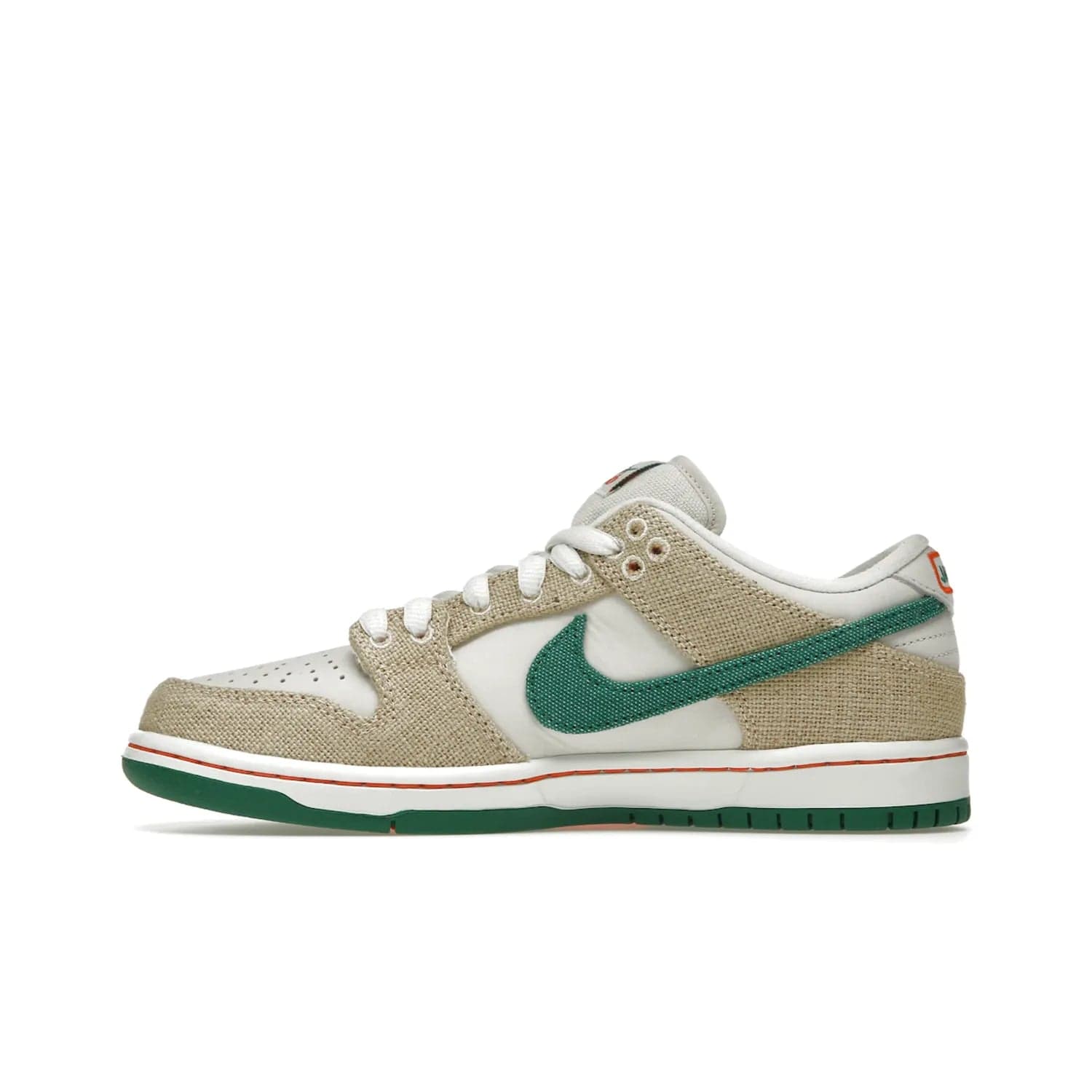 Nike SB Dunk Low Jarritos - Image 19 - Only at www.BallersClubKickz.com - Shop limited edition Nike SB Dunk Low Jarritos! Crafted with white leather and tear-away canvas materials with green accents. Includes orange, green, and white laces to customize your look. Available now.