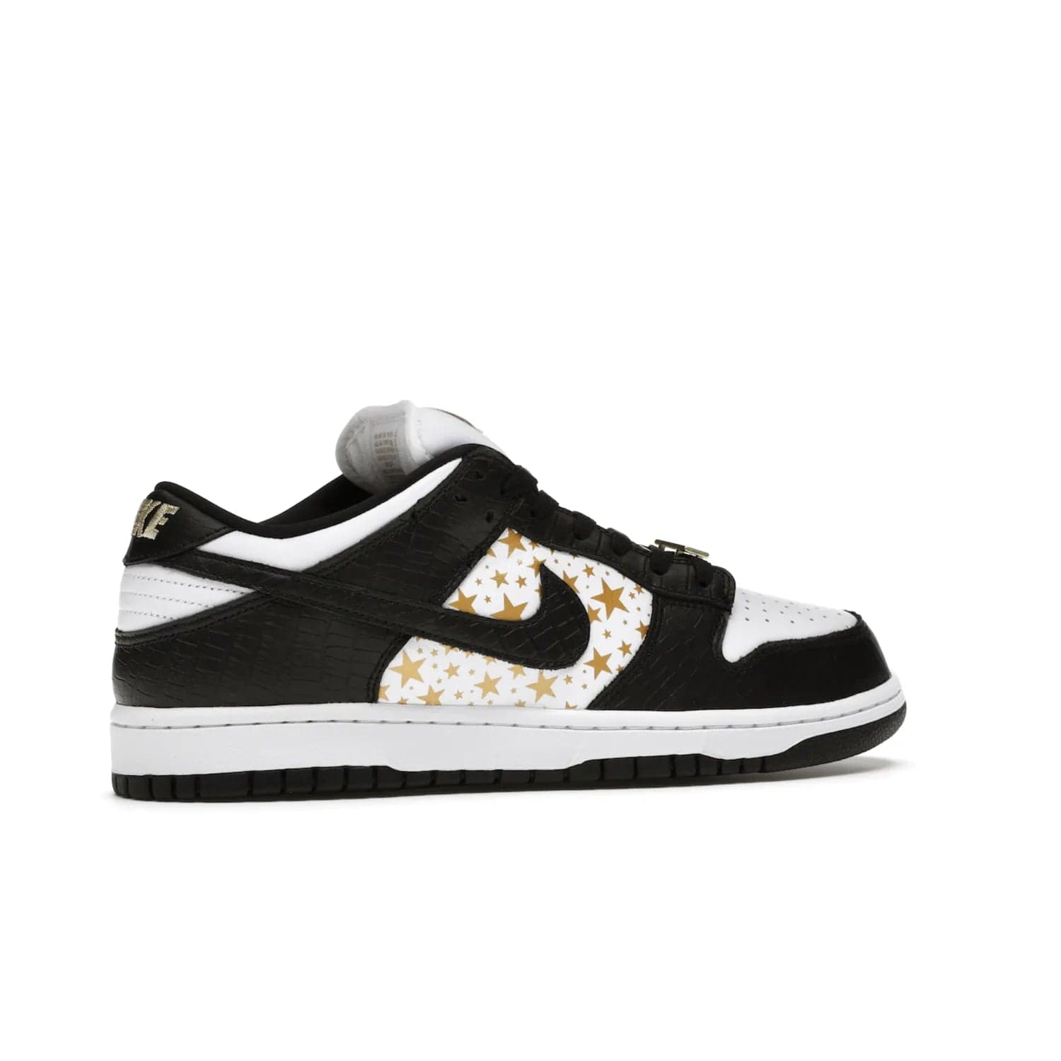 Nike SB Dunk Low Supreme Stars Black (2021) - Image 35 - Only at www.BallersClubKickz.com - Retro style and signature details make the Nike SB Dunk Low Supreme Black a must-have. This special edition shoe features a white leather upper and black croc skin overlays complemented by gold stars and deubré. Enjoy a piece of SB history and grab yours today.