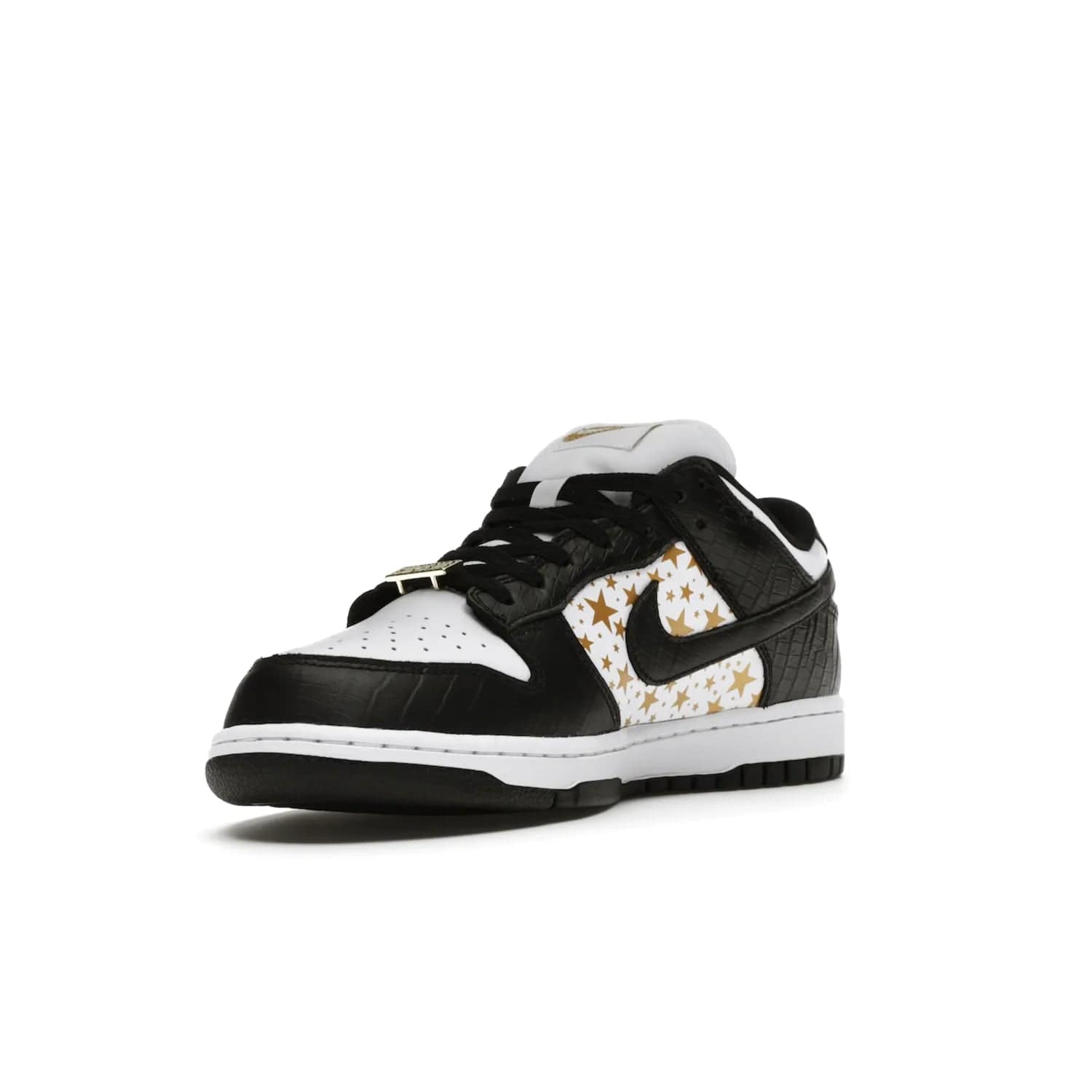 Nike SB Dunk Low Supreme Stars Black (2021) - Image 14 - Only at www.BallersClubKickz.com - Retro style and signature details make the Nike SB Dunk Low Supreme Black a must-have. This special edition shoe features a white leather upper and black croc skin overlays complemented by gold stars and deubré. Enjoy a piece of SB history and grab yours today.