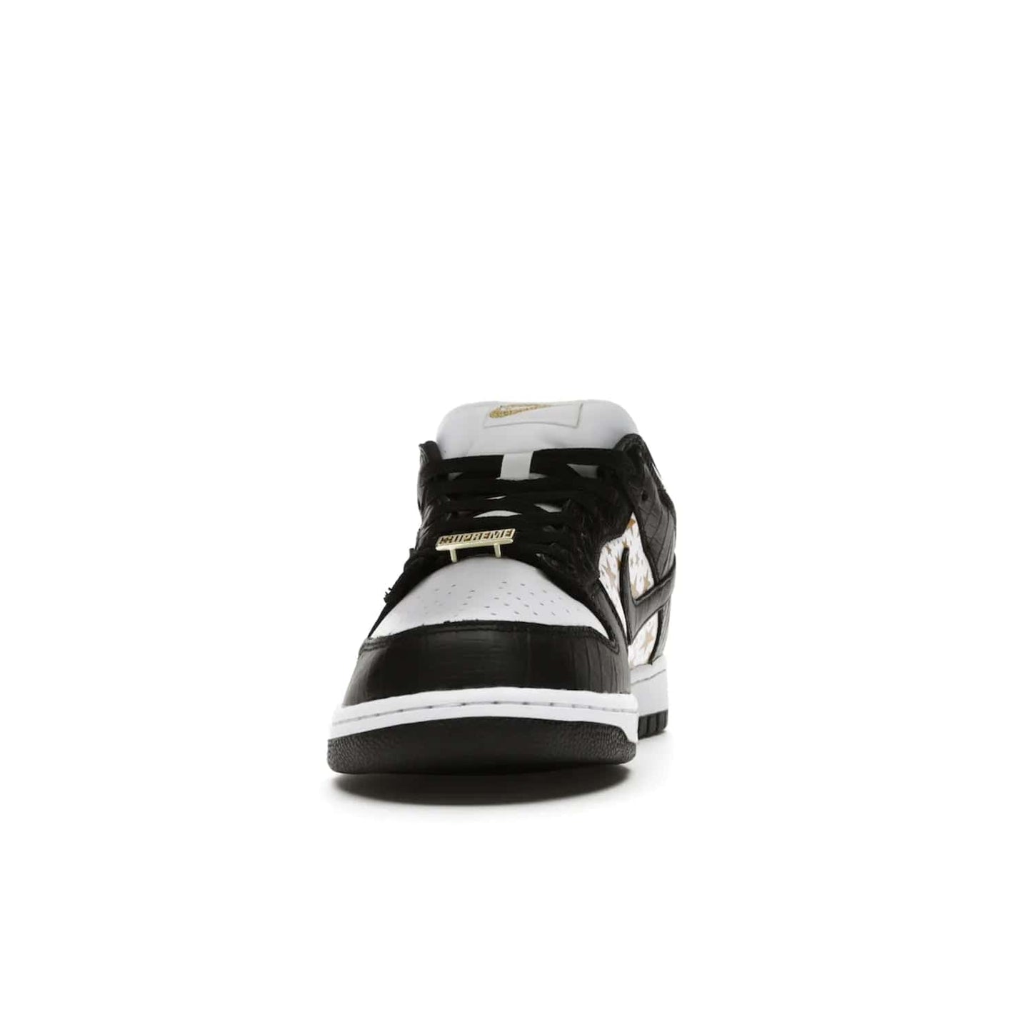 Nike SB Dunk Low Supreme Stars Black (2021) - Image 11 - Only at www.BallersClubKickz.com - Retro style and signature details make the Nike SB Dunk Low Supreme Black a must-have. This special edition shoe features a white leather upper and black croc skin overlays complemented by gold stars and deubré. Enjoy a piece of SB history and grab yours today.