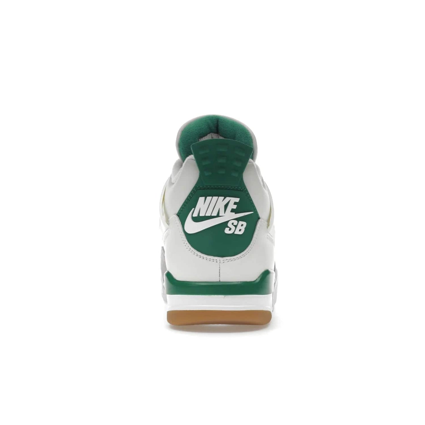 Jordan 4 Retro SB Pine Green - Image 28 - Only at www.BallersClubKickz.com - A white leather upper combined with a Neutral Grey suede mudguard gives this limited Air Jordan 4 Retro SB Pine Green sneaker its unmistakable style. Released March 20, 2023, the Jordan 4 Retro SB features a white and Pine Green midsole plus a red air unit with a gum outsole for grip. The perfect blend of Nike SB skateboarding and Jordan 4 classic design.