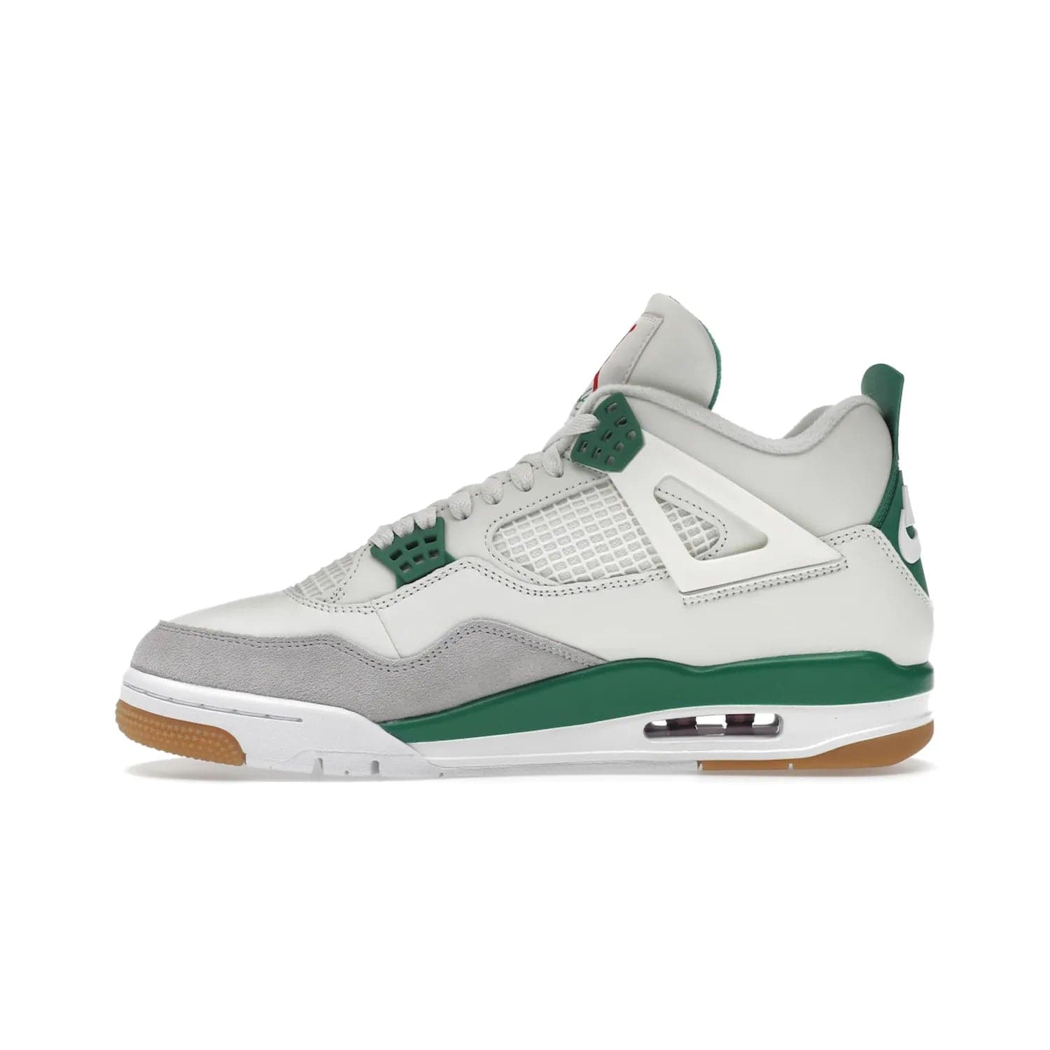 Jordan 4 Retro SB Pine Green - Image 19 - Only at www.BallersClubKickz.com - A white leather upper combined with a Neutral Grey suede mudguard gives this limited Air Jordan 4 Retro SB Pine Green sneaker its unmistakable style. Released March 20, 2023, the Jordan 4 Retro SB features a white and Pine Green midsole plus a red air unit with a gum outsole for grip. The perfect blend of Nike SB skateboarding and Jordan 4 classic design.