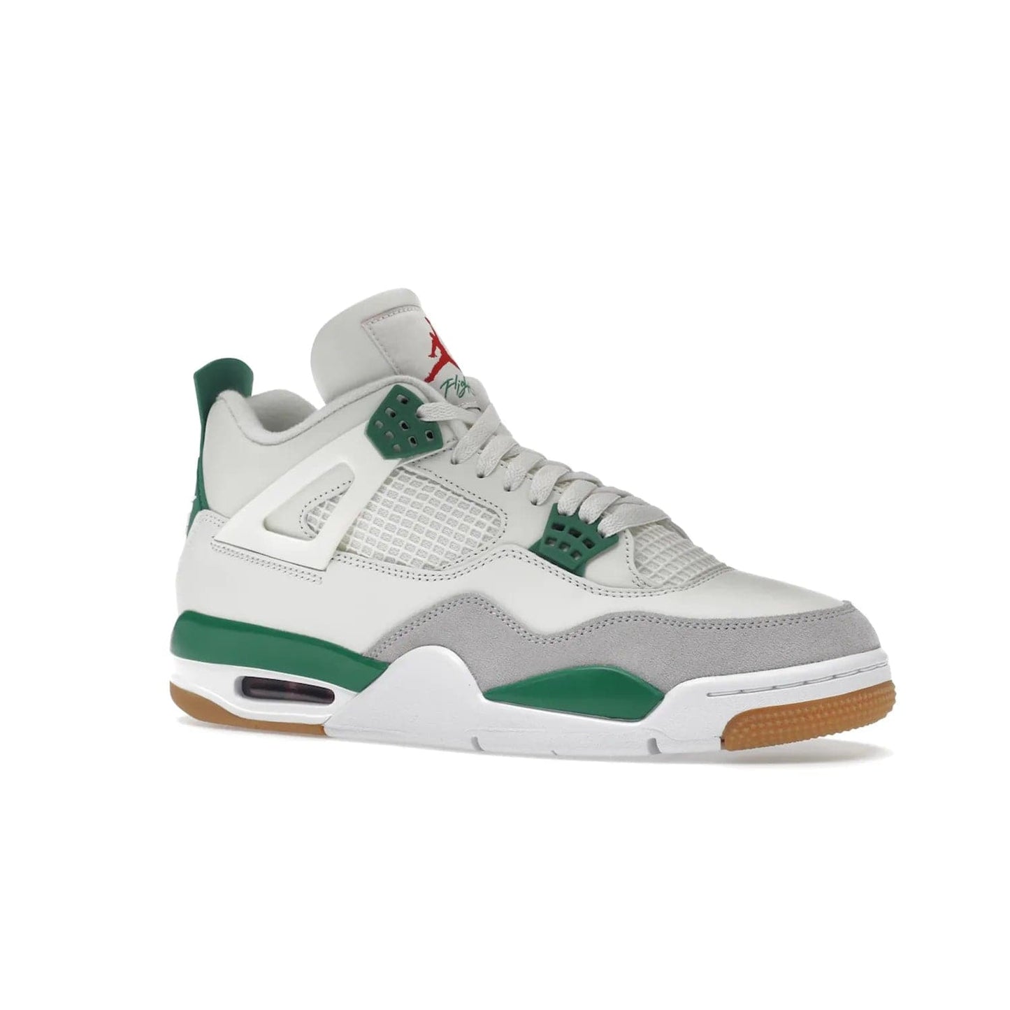 Jordan 4 Retro SB Pine Green - Image 4 - Only at www.BallersClubKickz.com - A white leather upper combined with a Neutral Grey suede mudguard gives this limited Air Jordan 4 Retro SB Pine Green sneaker its unmistakable style. Released March 20, 2023, the Jordan 4 Retro SB features a white and Pine Green midsole plus a red air unit with a gum outsole for grip. The perfect blend of Nike SB skateboarding and Jordan 4 classic design.