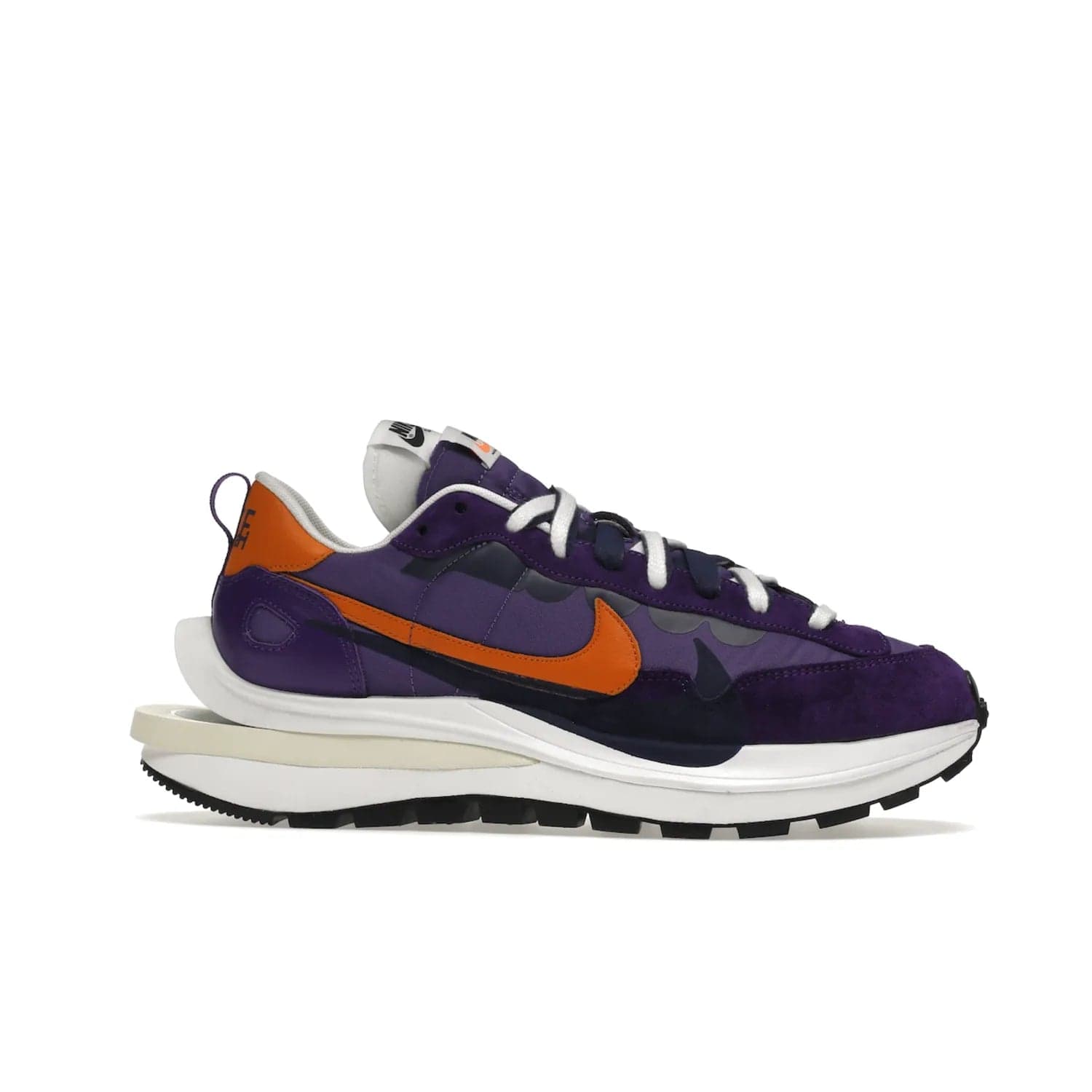Nike Vaporwaffle sacai Dark Iris - Image 2 - Only at www.BallersClubKickz.com - Unique Nike Vaporwaffle sacai Dark Iris collab. Suede, leather & textile upper with Orange accents. Dual tongues & midsoles. Woven labels & heel tabs branding. Colorway of Purple, Orange, White & Black. Must-have for any wardrobe.