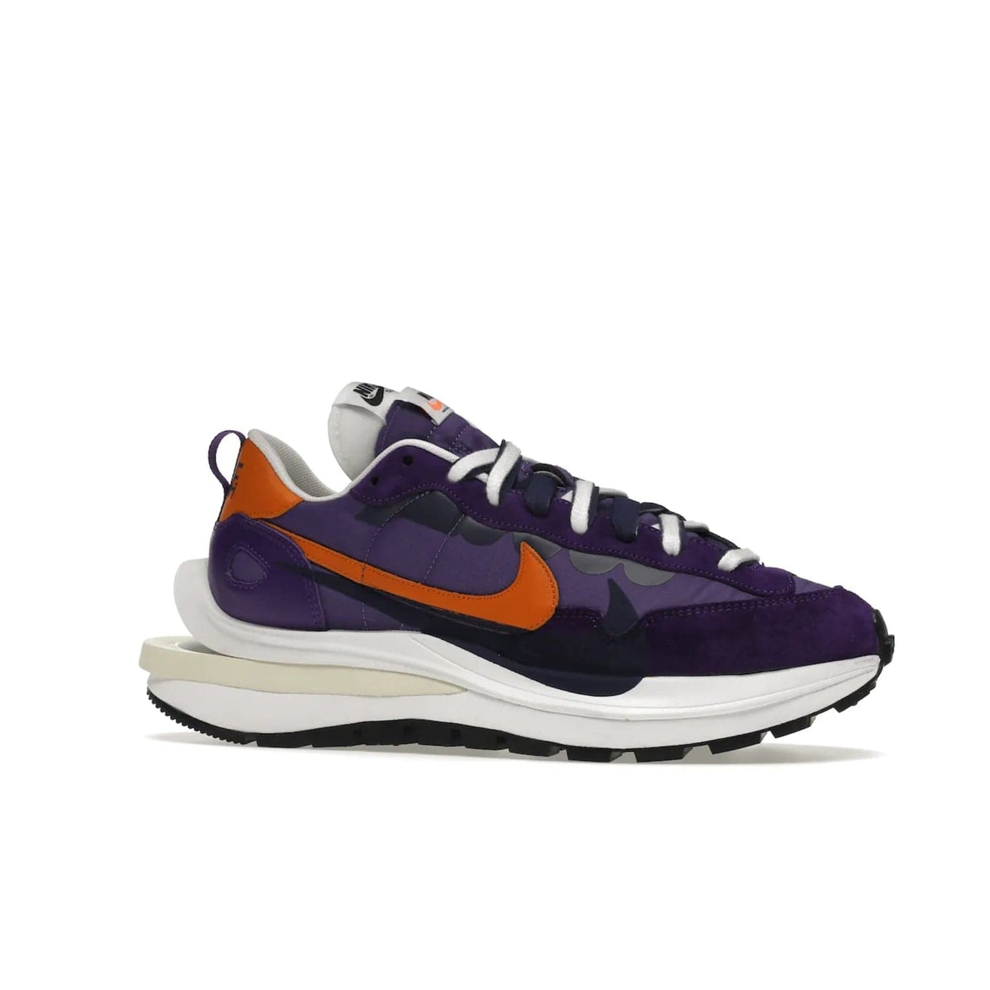 Nike Vaporwaffle sacai Dark Iris - Image 3 - Only at www.BallersClubKickz.com - Unique Nike Vaporwaffle sacai Dark Iris collab. Suede, leather & textile upper with Orange accents. Dual tongues & midsoles. Woven labels & heel tabs branding. Colorway of Purple, Orange, White & Black. Must-have for any wardrobe.