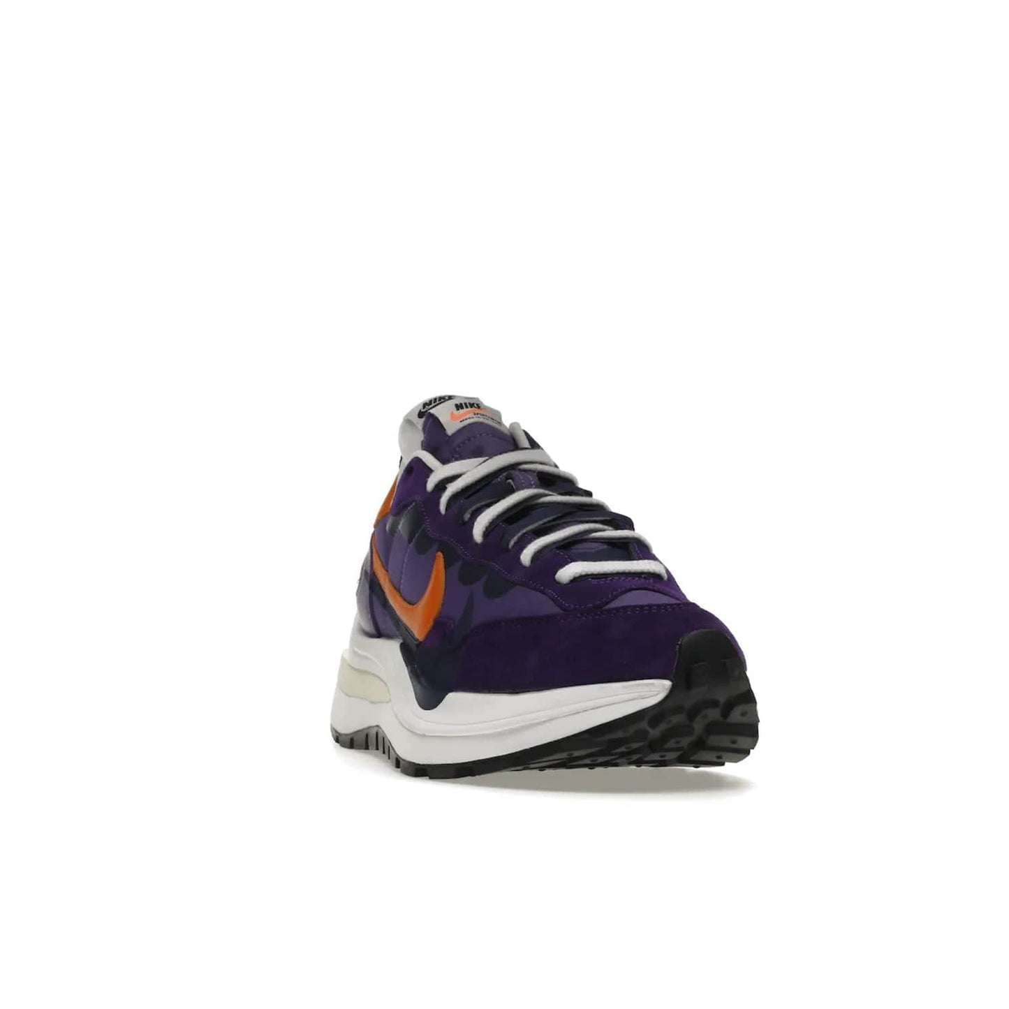 Nike Vaporwaffle sacai Dark Iris - Image 8 - Only at www.BallersClubKickz.com - Unique Nike Vaporwaffle sacai Dark Iris collab. Suede, leather & textile upper with Orange accents. Dual tongues & midsoles. Woven labels & heel tabs branding. Colorway of Purple, Orange, White & Black. Must-have for any wardrobe.