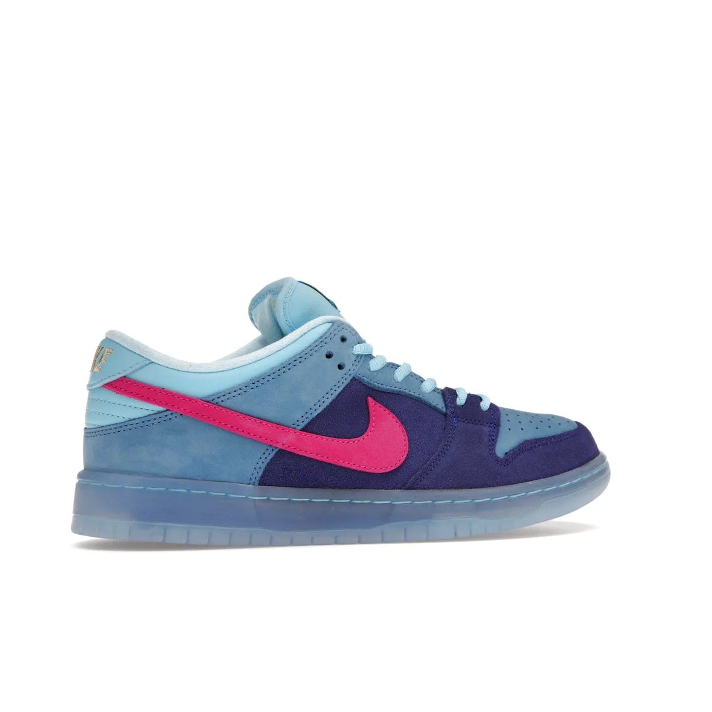 Nike SB Dunk Low Run The Jewels - Image 35 - Only at www.BallersClubKickz.com - The Nike SB Dunk Low Run The Jewels pays tribute to the Run the Jewels 3 album cover. It features a blue suede upper with pink suede accents, gold branding and 3 lace sets. RTJ insoles complete this limited edition sneaker. Get it now for your shoe collection.