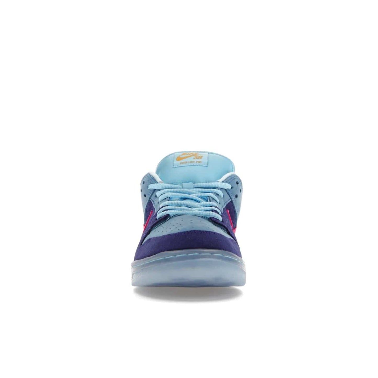 Nike SB Dunk Low Run The Jewels - Image 10 - Only at www.BallersClubKickz.com - The Nike SB Dunk Low Run The Jewels pays tribute to the Run the Jewels 3 album cover. It features a blue suede upper with pink suede accents, gold branding and 3 lace sets. RTJ insoles complete this limited edition sneaker. Get it now for your shoe collection.