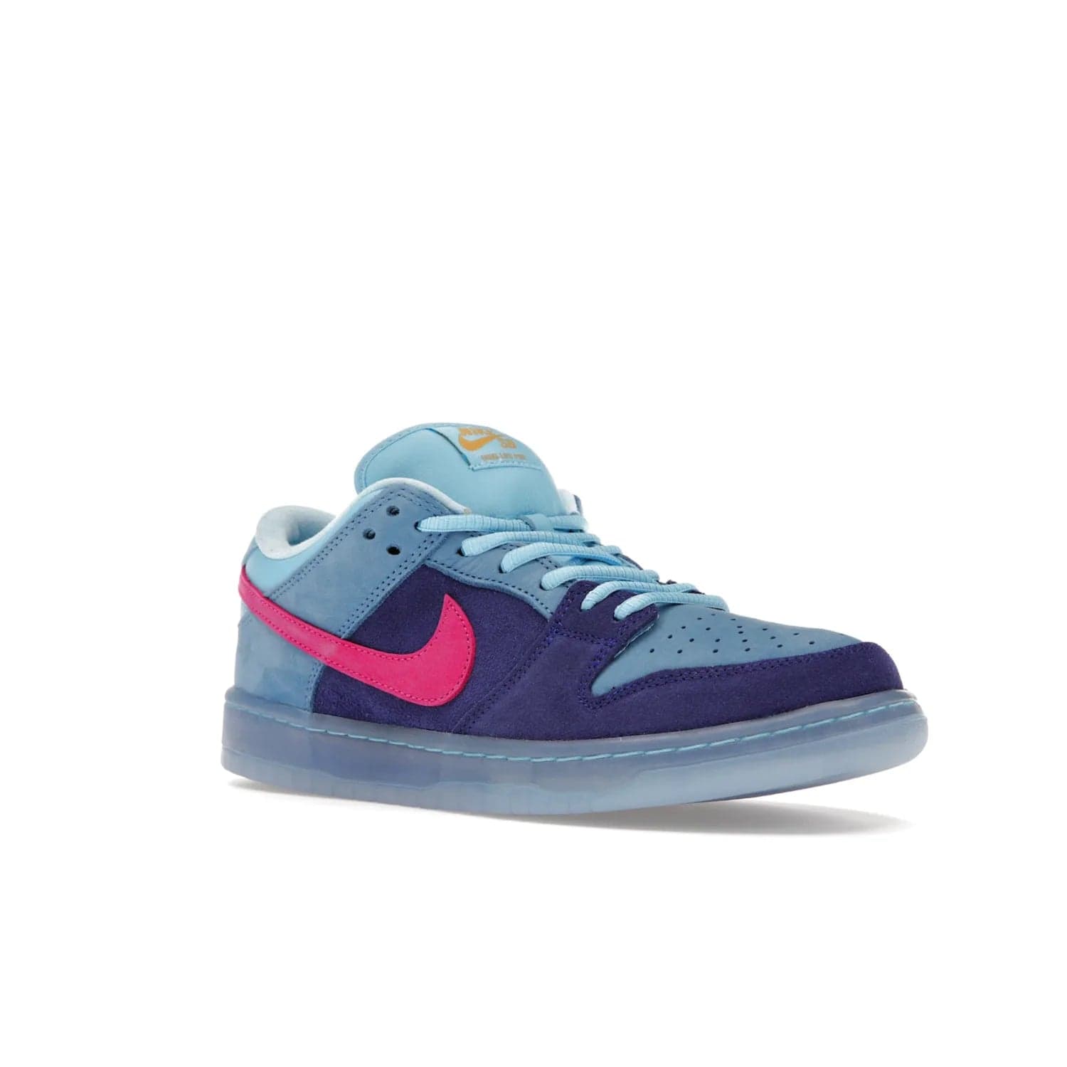 Nike SB Dunk Low Run The Jewels - Image 5 - Only at www.BallersClubKickz.com - The Nike SB Dunk Low Run The Jewels pays tribute to the Run the Jewels 3 album cover. It features a blue suede upper with pink suede accents, gold branding and 3 lace sets. RTJ insoles complete this limited edition sneaker. Get it now for your shoe collection.