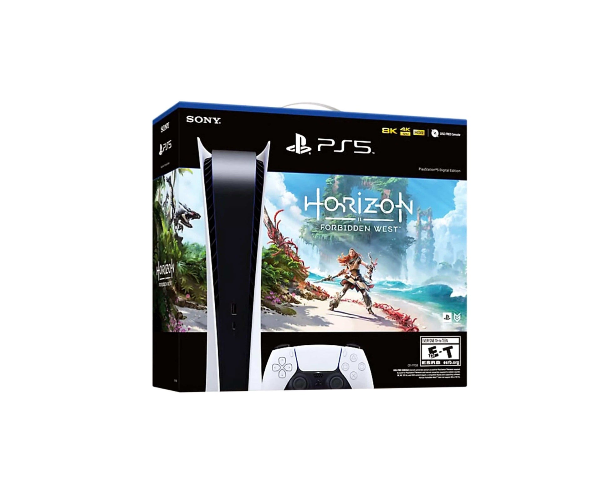 Sony PlayStation 5 PS5 Digital Horizon Forbidden West Console Bundle US Plug - Only at www.BallersClubKickz.com - This Sony PlayStation 5 PS5 Digital 'Horizon Forbidden West Console Bundle' US Plug features a wireless controller, a high-quality USB charging cable, and Horizon Forbidden West video game. It also features a lengthy HDMI® cable, a sturdy AC power cord, and a variety of printed materials from the game.