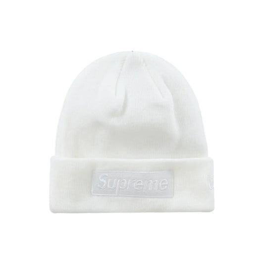 Supreme New Era Box Logo Beanie (FW23) White - Image 1 - Only at www.BallersClubKickz.com - Stay stylish in the Supreme New Era Box Logo Beanie. Features the iconic Supreme logo with New Era logo embroidery. Get the classic white beanie for one day only, December 07, 2023. Don't miss out!