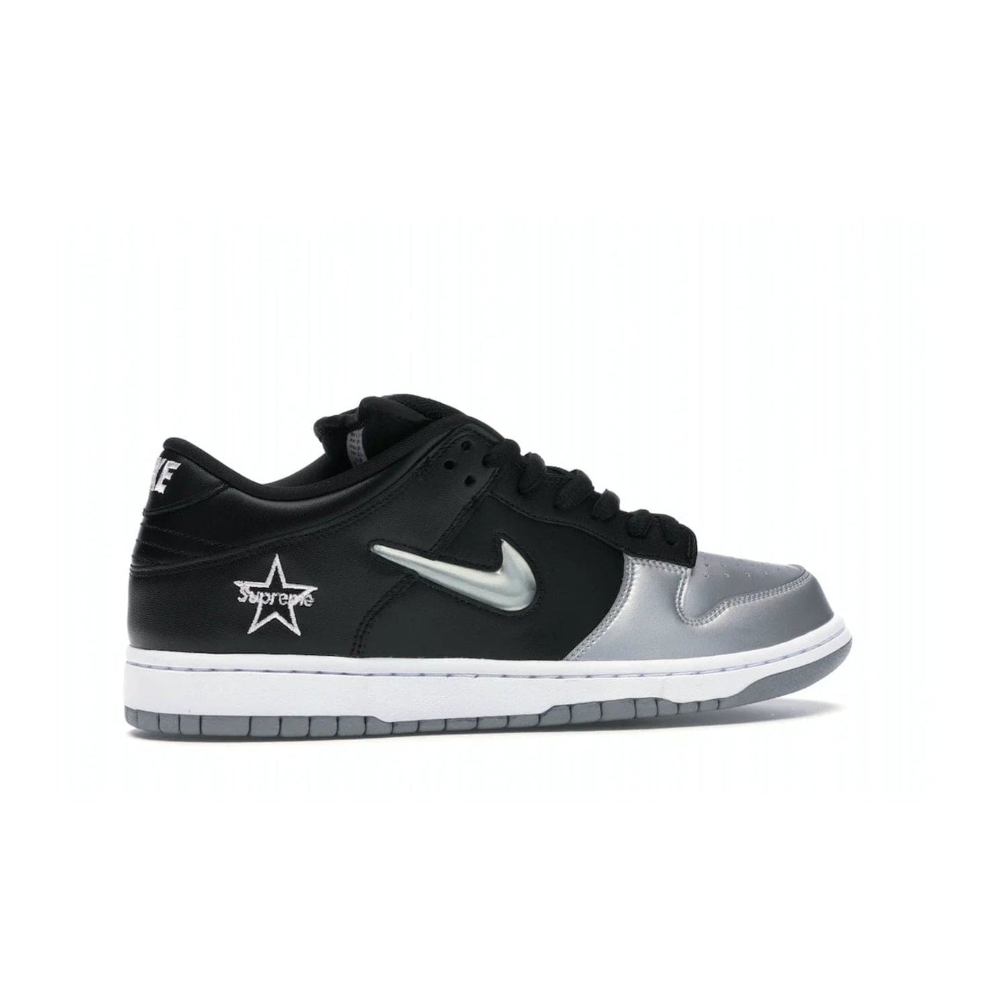 Nike SB Dunk Low Supreme Jewel Swoosh Silver - Image 35 - Only at www.BallersClubKickz.com - This Metallic Silver/Metallic Silver-Black Nike SB Dunk Low Supreme Jewel Swoosh Silver brings a flashy design to the iconic SB Dunk. Released in 2019, this is a must-have for any collection.