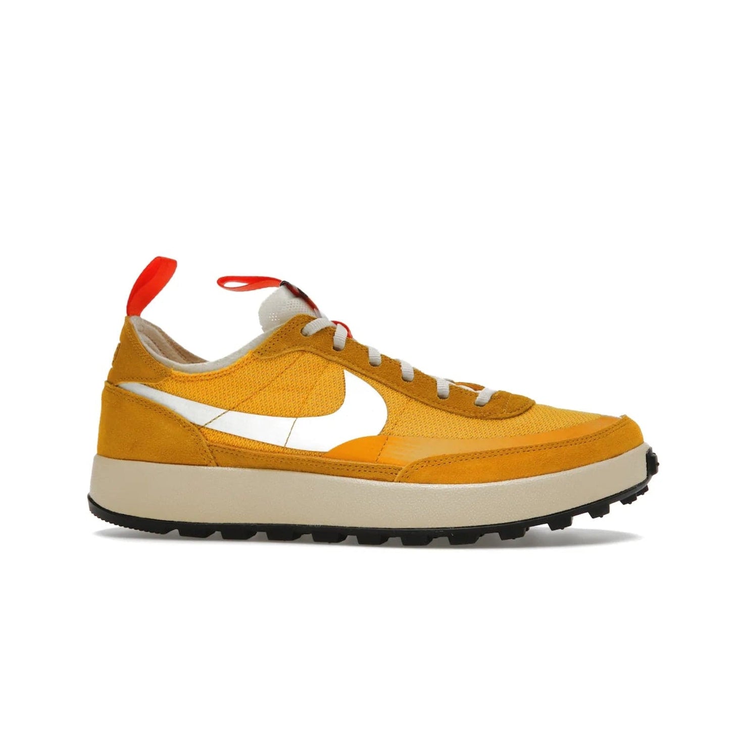 NikeCraft General Purpose Shoe Tom Sachs Archive Dark Sulfur - Image 2 - Only at www.BallersClubKickz.com - Collab between Nike & Tom Sachs. The NikeCraft General Purpose Shoe features dark sulfur mesh upper, suede overlays, contrasting white Swoosh and orange tabs. EVA cushioning & black waffle-traction rubber outsole ensures performance. Stylish & perfect for any occasion, the shoe released September 2, 2022.
