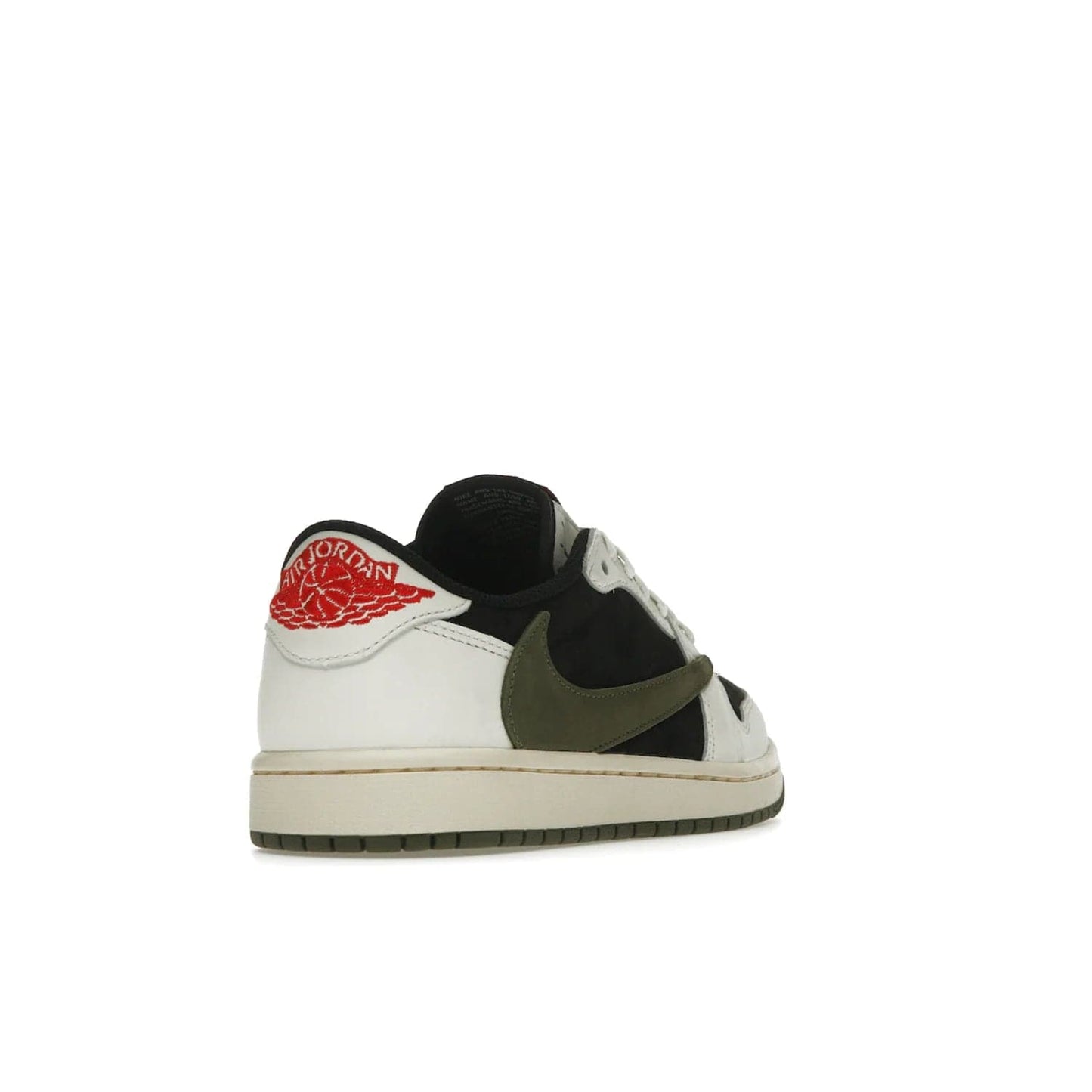 Jordan 1 Retro Low OG SP Travis Scott Olive (Women's) - Image 31 - Only at www.BallersClubKickz.com - Score style points with the Air Jordan 1 Retro Low OG SP Travis Scott Olive exclusively in womens sizing. White leather and black nubuck uppers, plus signature reverse style Nike Swoosh and aged midsole atop olive green outsole. Stand out with these stylish and eye-catching sneakers, dropping April 26, 2023.