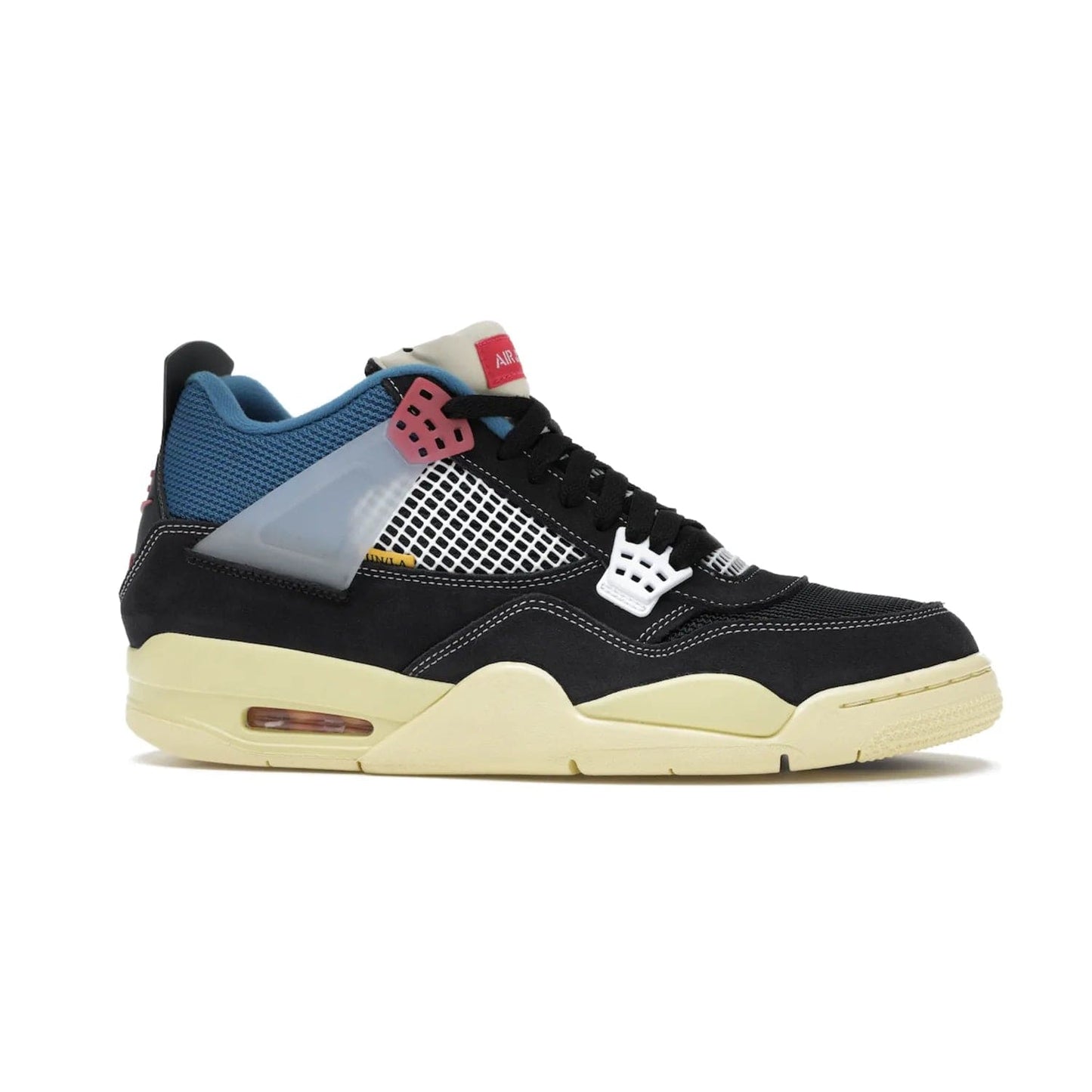Jordan 4 Retro Union Off Noir - Image 2 - Only at www.BallersClubKickz.com - Introducing the Air Jordan 4 Retro Union LA Off Noir: a stylish collab featuring unique black, white, blue and light fusion red. Features mesh, suede and nylon materials, Nike Air heel & wings finished with infrared accents. Get yours in August 2020 and take pride of place in any rotation.