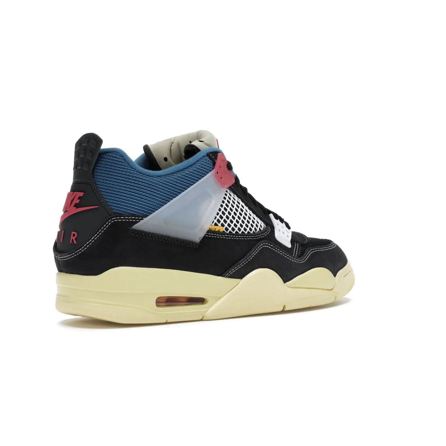 Jordan 4 Retro Union Off Noir - Image 33 - Only at www.BallersClubKickz.com - Introducing the Air Jordan 4 Retro Union LA Off Noir: a stylish collab featuring unique black, white, blue and light fusion red. Features mesh, suede and nylon materials, Nike Air heel & wings finished with infrared accents. Get yours in August 2020 and take pride of place in any rotation.