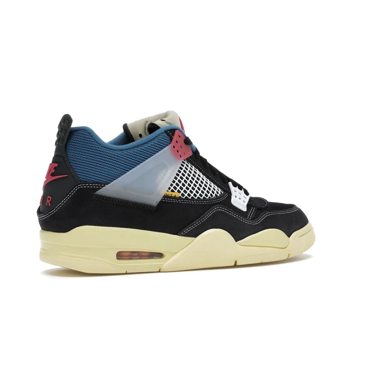 Jordan 4 Retro Union Off Noir - Image 34 - Only at www.BallersClubKickz.com - Introducing the Air Jordan 4 Retro Union LA Off Noir: a stylish collab featuring unique black, white, blue and light fusion red. Features mesh, suede and nylon materials, Nike Air heel & wings finished with infrared accents. Get yours in August 2020 and take pride of place in any rotation.
