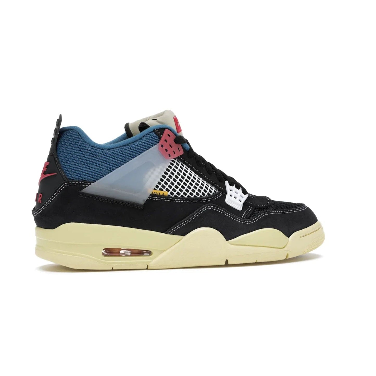 Jordan 4 Retro Union Off Noir - Image 35 - Only at www.BallersClubKickz.com - Introducing the Air Jordan 4 Retro Union LA Off Noir: a stylish collab featuring unique black, white, blue and light fusion red. Features mesh, suede and nylon materials, Nike Air heel & wings finished with infrared accents. Get yours in August 2020 and take pride of place in any rotation.