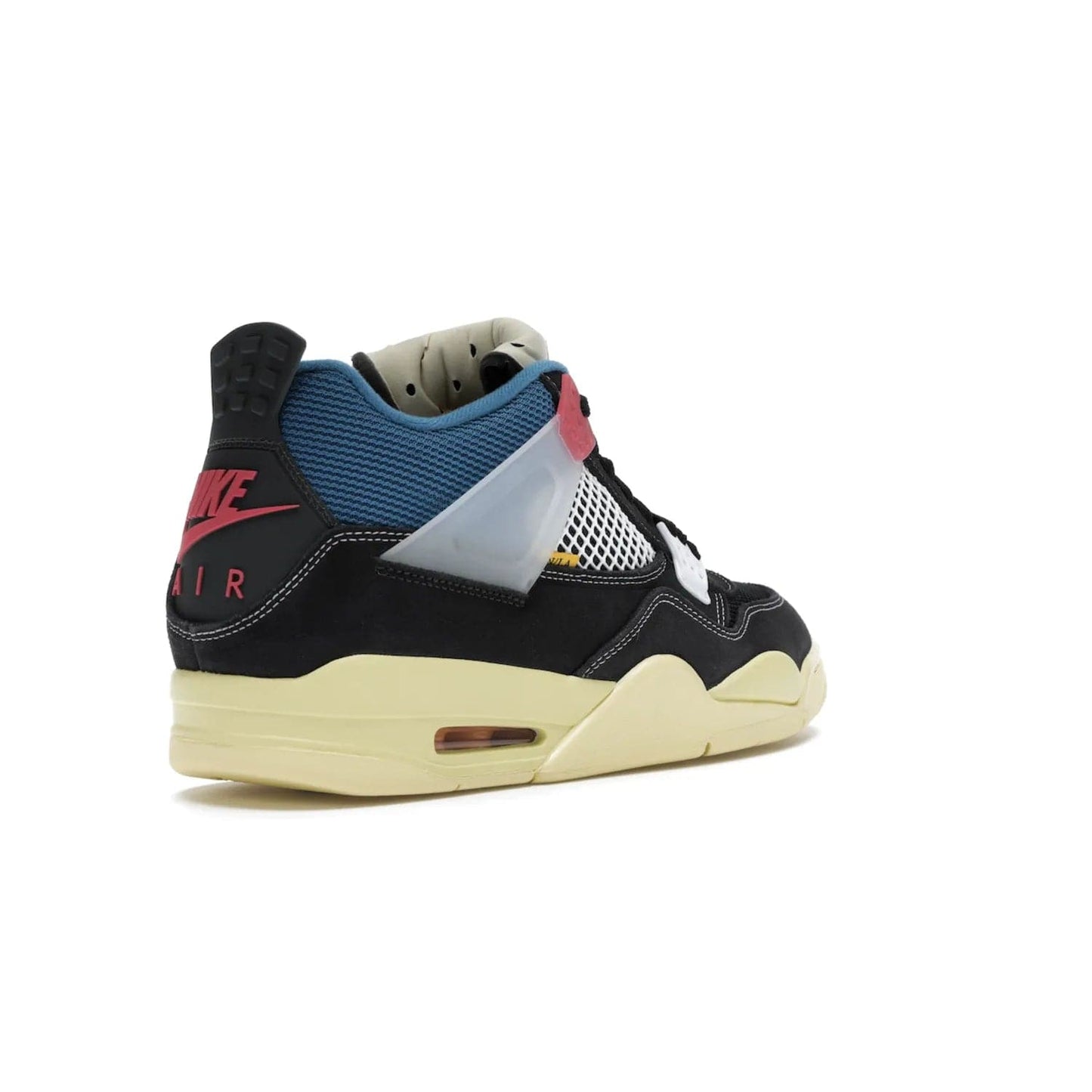 Jordan 4 Retro Union Off Noir - Image 32 - Only at www.BallersClubKickz.com - Introducing the Air Jordan 4 Retro Union LA Off Noir: a stylish collab featuring unique black, white, blue and light fusion red. Features mesh, suede and nylon materials, Nike Air heel & wings finished with infrared accents. Get yours in August 2020 and take pride of place in any rotation.