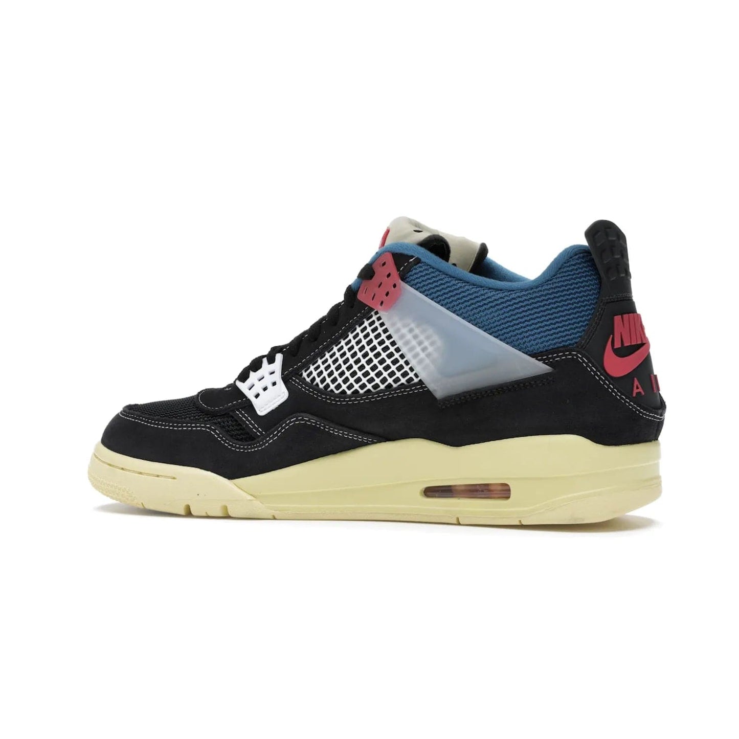 Jordan 4 Retro Union Off Noir - Image 21 - Only at www.BallersClubKickz.com - Introducing the Air Jordan 4 Retro Union LA Off Noir: a stylish collab featuring unique black, white, blue and light fusion red. Features mesh, suede and nylon materials, Nike Air heel & wings finished with infrared accents. Get yours in August 2020 and take pride of place in any rotation.