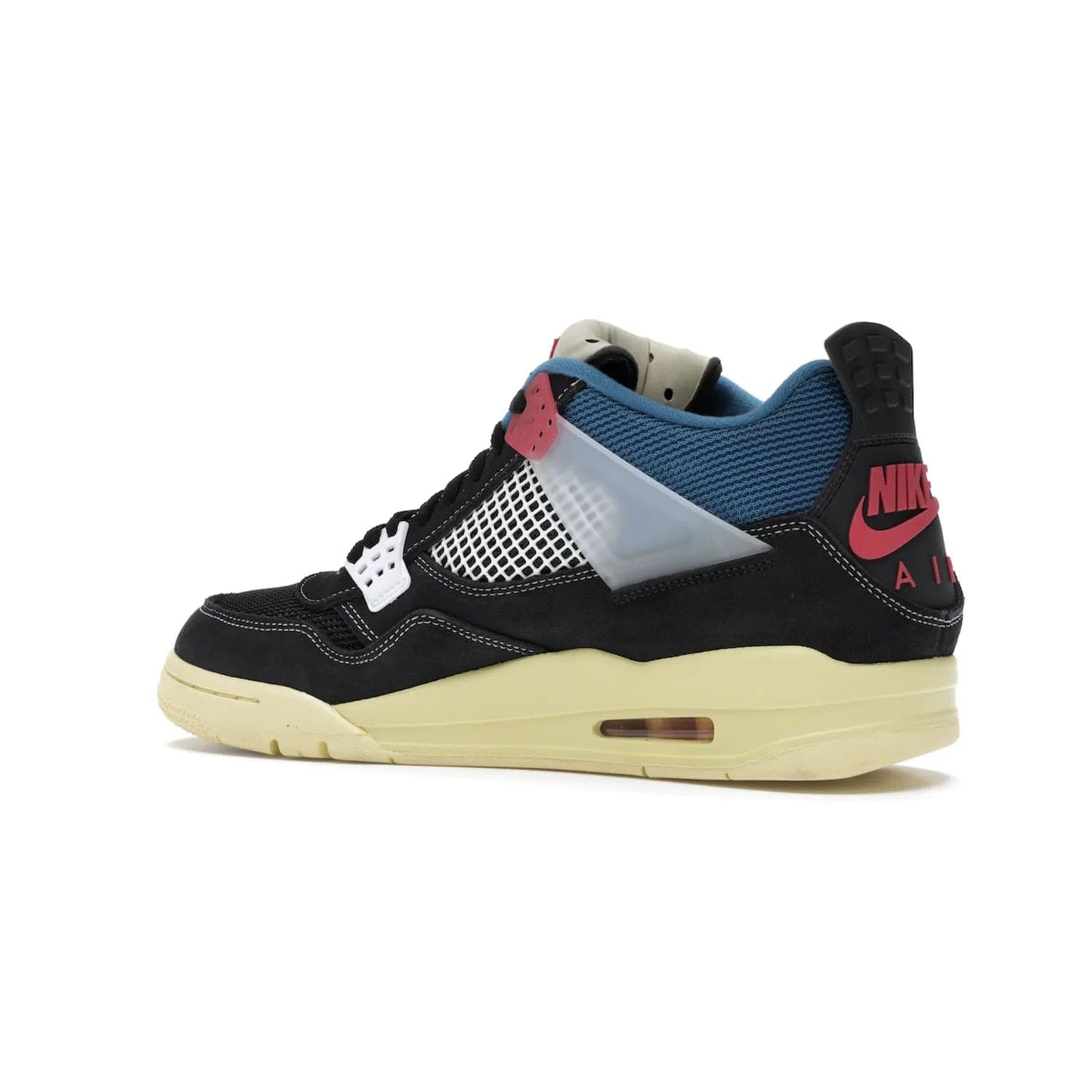 Jordan 4 Retro Union Off Noir - Image 22 - Only at www.BallersClubKickz.com - Introducing the Air Jordan 4 Retro Union LA Off Noir: a stylish collab featuring unique black, white, blue and light fusion red. Features mesh, suede and nylon materials, Nike Air heel & wings finished with infrared accents. Get yours in August 2020 and take pride of place in any rotation.