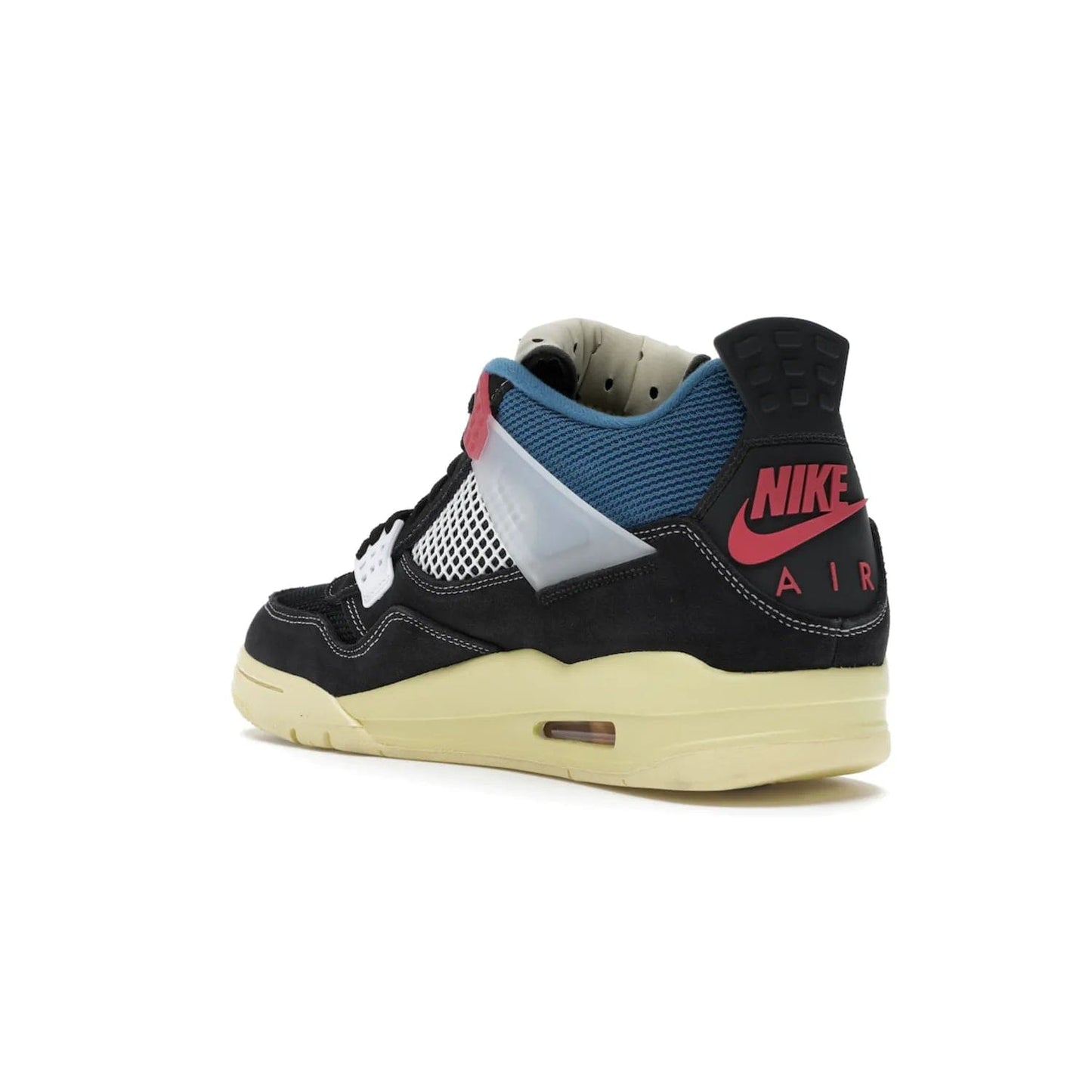 Jordan 4 Retro Union Off Noir - Image 24 - Only at www.BallersClubKickz.com - Introducing the Air Jordan 4 Retro Union LA Off Noir: a stylish collab featuring unique black, white, blue and light fusion red. Features mesh, suede and nylon materials, Nike Air heel & wings finished with infrared accents. Get yours in August 2020 and take pride of place in any rotation.
