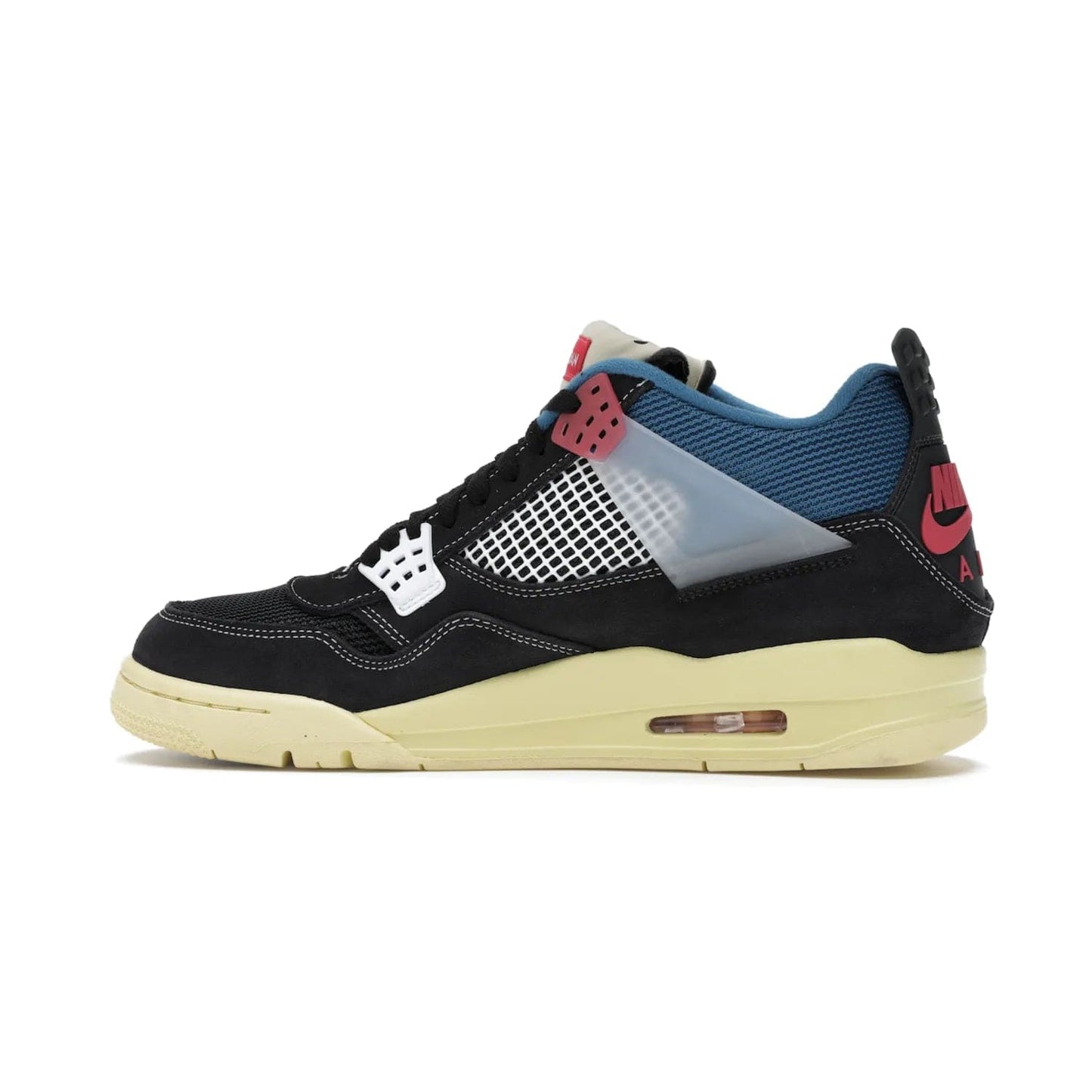 Jordan 4 Retro Union Off Noir - Image 20 - Only at www.BallersClubKickz.com - Introducing the Air Jordan 4 Retro Union LA Off Noir: a stylish collab featuring unique black, white, blue and light fusion red. Features mesh, suede and nylon materials, Nike Air heel & wings finished with infrared accents. Get yours in August 2020 and take pride of place in any rotation.
