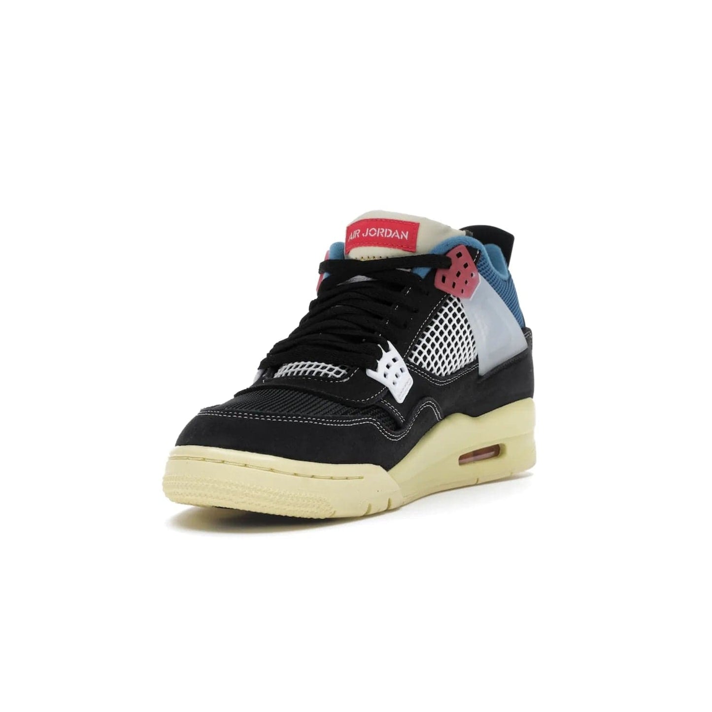 Jordan 4 Retro Union Off Noir - Image 13 - Only at www.BallersClubKickz.com - Introducing the Air Jordan 4 Retro Union LA Off Noir: a stylish collab featuring unique black, white, blue and light fusion red. Features mesh, suede and nylon materials, Nike Air heel & wings finished with infrared accents. Get yours in August 2020 and take pride of place in any rotation.