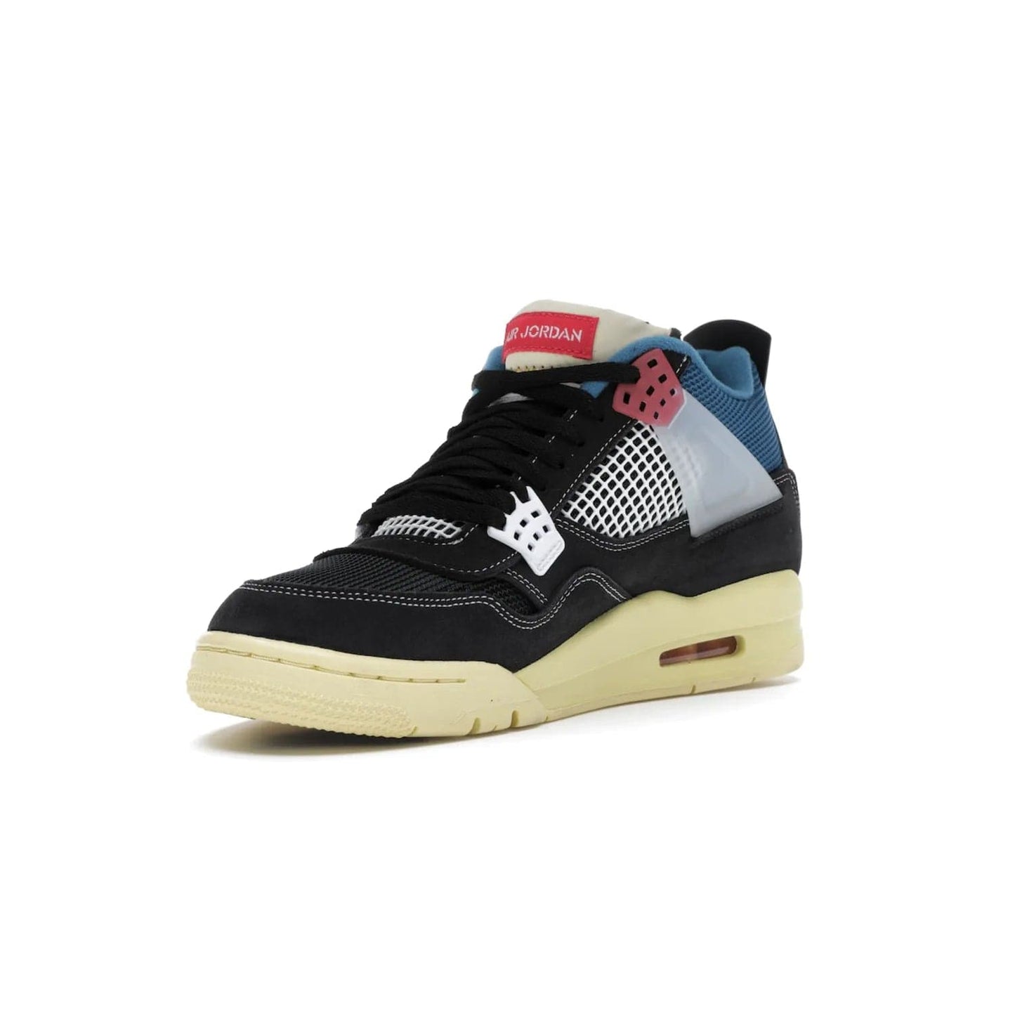 Jordan 4 Retro Union Off Noir - Image 14 - Only at www.BallersClubKickz.com - Introducing the Air Jordan 4 Retro Union LA Off Noir: a stylish collab featuring unique black, white, blue and light fusion red. Features mesh, suede and nylon materials, Nike Air heel & wings finished with infrared accents. Get yours in August 2020 and take pride of place in any rotation.