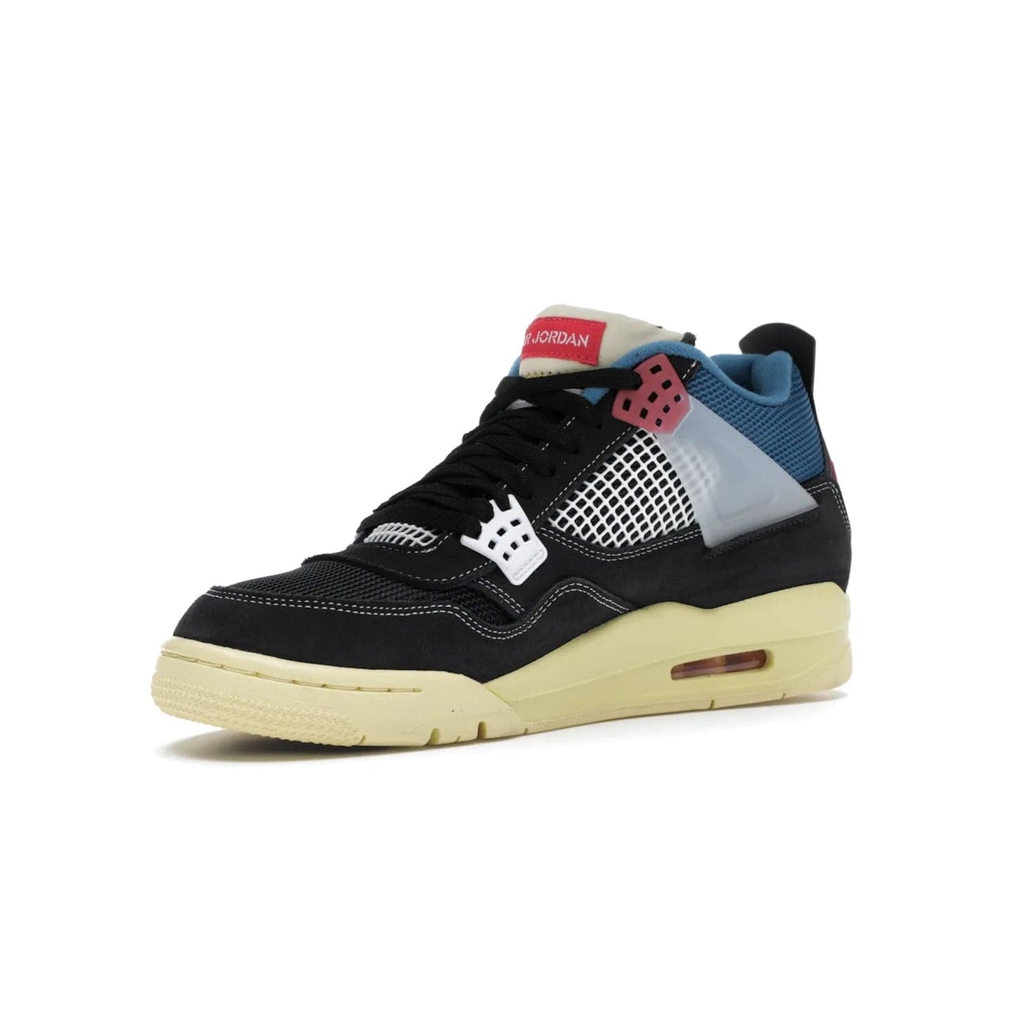 Jordan 4 Retro Union Off Noir - Image 15 - Only at www.BallersClubKickz.com - Introducing the Air Jordan 4 Retro Union LA Off Noir: a stylish collab featuring unique black, white, blue and light fusion red. Features mesh, suede and nylon materials, Nike Air heel & wings finished with infrared accents. Get yours in August 2020 and take pride of place in any rotation.