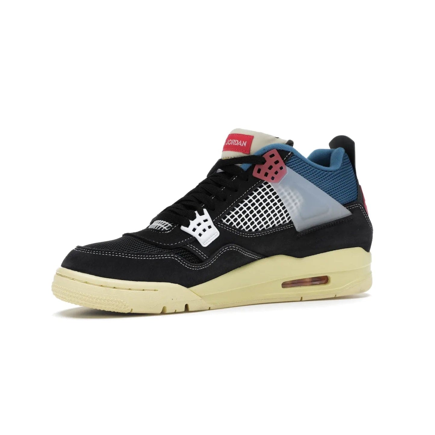 Jordan 4 Retro Union Off Noir - Image 16 - Only at www.BallersClubKickz.com - Introducing the Air Jordan 4 Retro Union LA Off Noir: a stylish collab featuring unique black, white, blue and light fusion red. Features mesh, suede and nylon materials, Nike Air heel & wings finished with infrared accents. Get yours in August 2020 and take pride of place in any rotation.