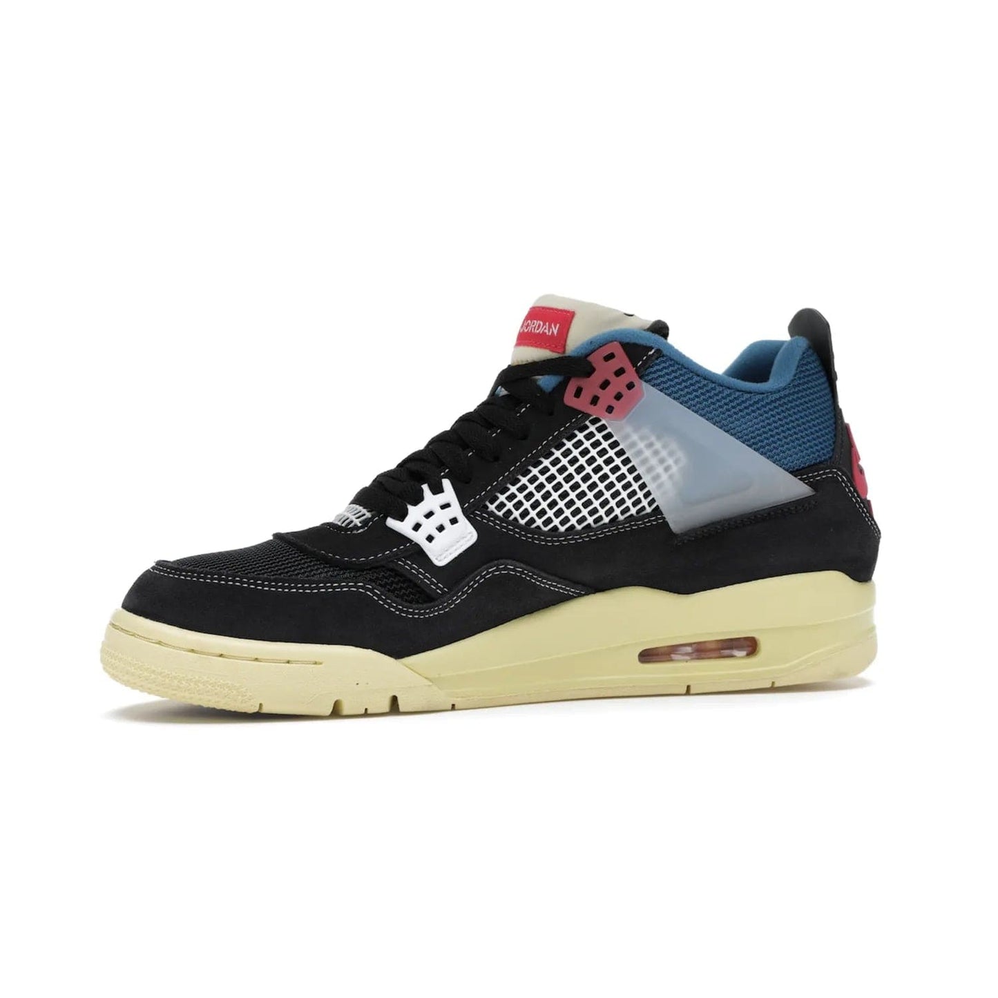 Jordan 4 Retro Union Off Noir - Image 17 - Only at www.BallersClubKickz.com - Introducing the Air Jordan 4 Retro Union LA Off Noir: a stylish collab featuring unique black, white, blue and light fusion red. Features mesh, suede and nylon materials, Nike Air heel & wings finished with infrared accents. Get yours in August 2020 and take pride of place in any rotation.