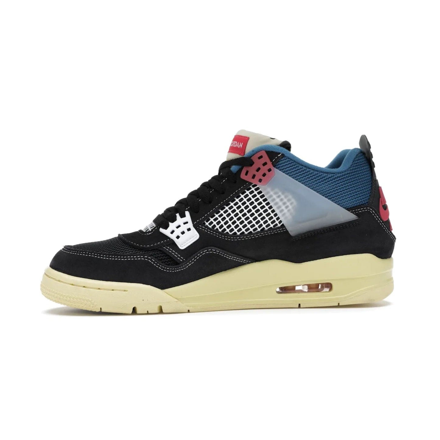 Jordan 4 Retro Union Off Noir - Image 18 - Only at www.BallersClubKickz.com - Introducing the Air Jordan 4 Retro Union LA Off Noir: a stylish collab featuring unique black, white, blue and light fusion red. Features mesh, suede and nylon materials, Nike Air heel & wings finished with infrared accents. Get yours in August 2020 and take pride of place in any rotation.