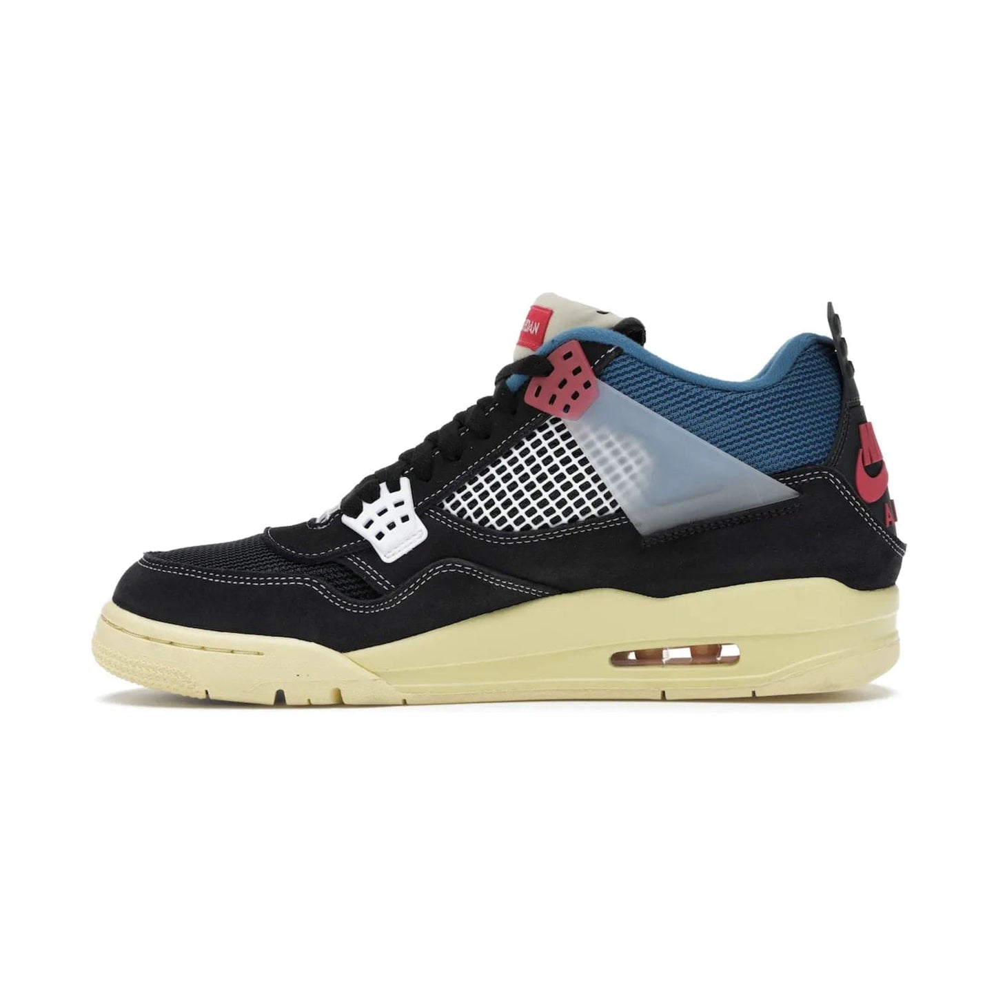 Jordan 4 Retro Union Off Noir - Image 19 - Only at www.BallersClubKickz.com - Introducing the Air Jordan 4 Retro Union LA Off Noir: a stylish collab featuring unique black, white, blue and light fusion red. Features mesh, suede and nylon materials, Nike Air heel & wings finished with infrared accents. Get yours in August 2020 and take pride of place in any rotation.