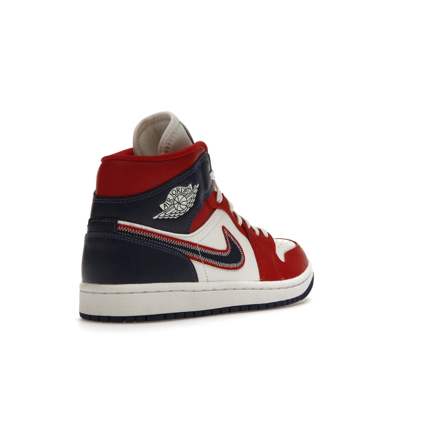 Jordan 1 Mid USA (2022) (Women's) - Image 32 - Only at www.BallersClubKickz.com - A bold mosaic of bright red and navy. Step up your game with the Jordan 1 Mid. Showcase the iconic "Wings" logo, classic Jumpman midsole, and go for the gold!