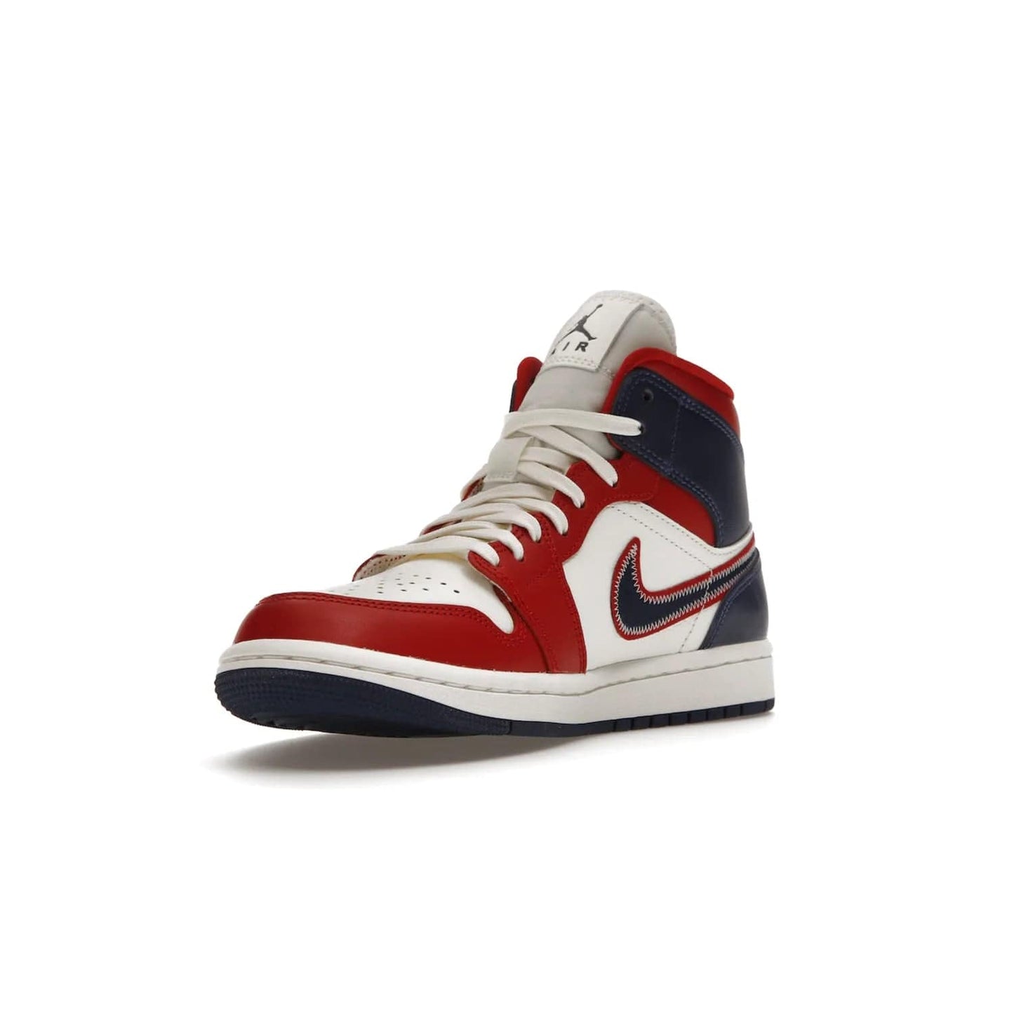 Jordan 1 Mid USA (2022) (Women's) - Image 14 - Only at www.BallersClubKickz.com - A bold mosaic of bright red and navy. Step up your game with the Jordan 1 Mid. Showcase the iconic "Wings" logo, classic Jumpman midsole, and go for the gold!