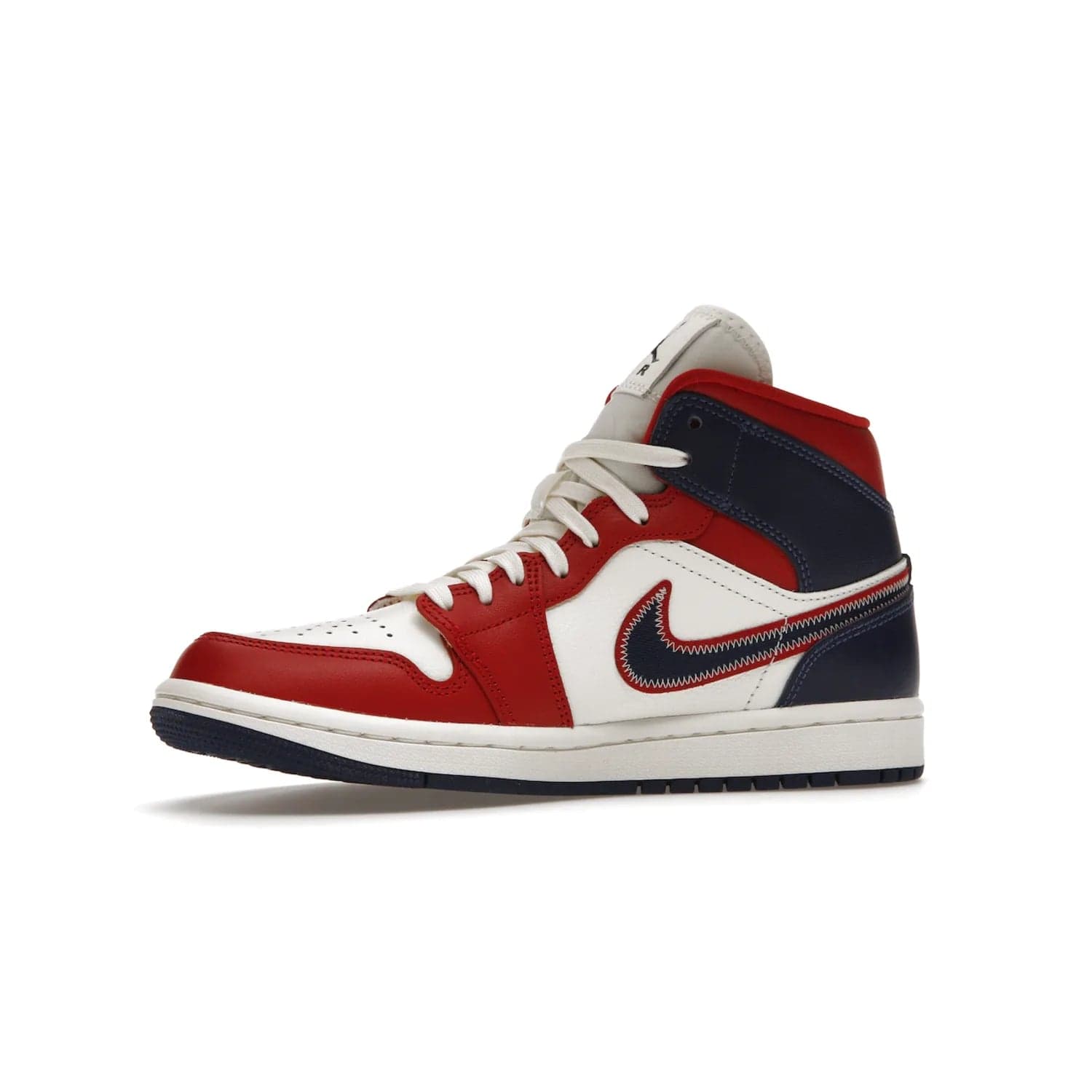 Jordan 1 Mid USA (2022) (Women's) - Image 17 - Only at www.BallersClubKickz.com - A bold mosaic of bright red and navy. Step up your game with the Jordan 1 Mid. Showcase the iconic "Wings" logo, classic Jumpman midsole, and go for the gold!