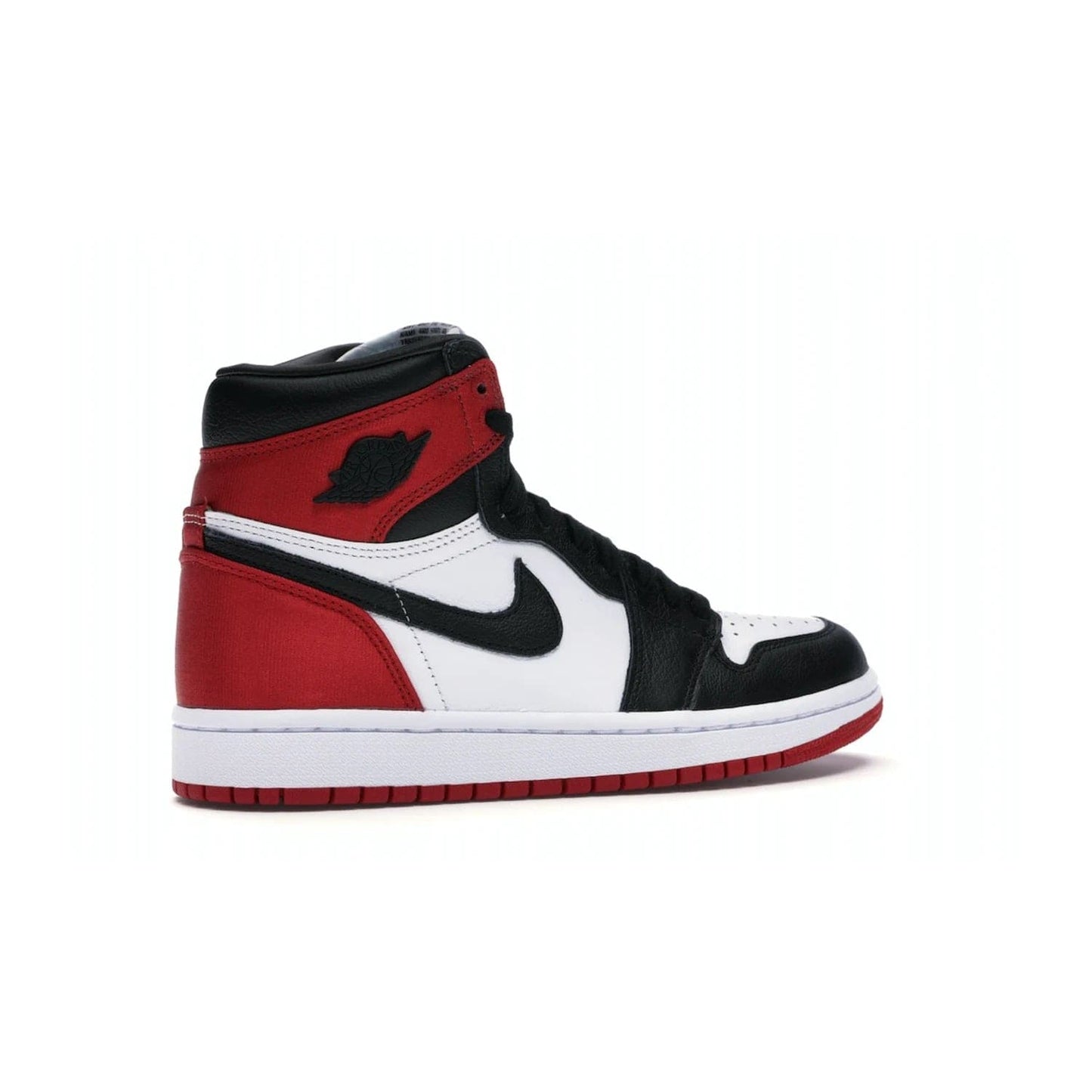 Jordan 1 Retro High Satin Black Toe (Women's) - Image 34 - Only at www.BallersClubKickz.com - Luxurious take on the timeless Air Jordan 1. Features a mix of black leather and satin materials with subtle University Red accents. Elevated look with metal Wings logo on the heel. Released in August 2019.
