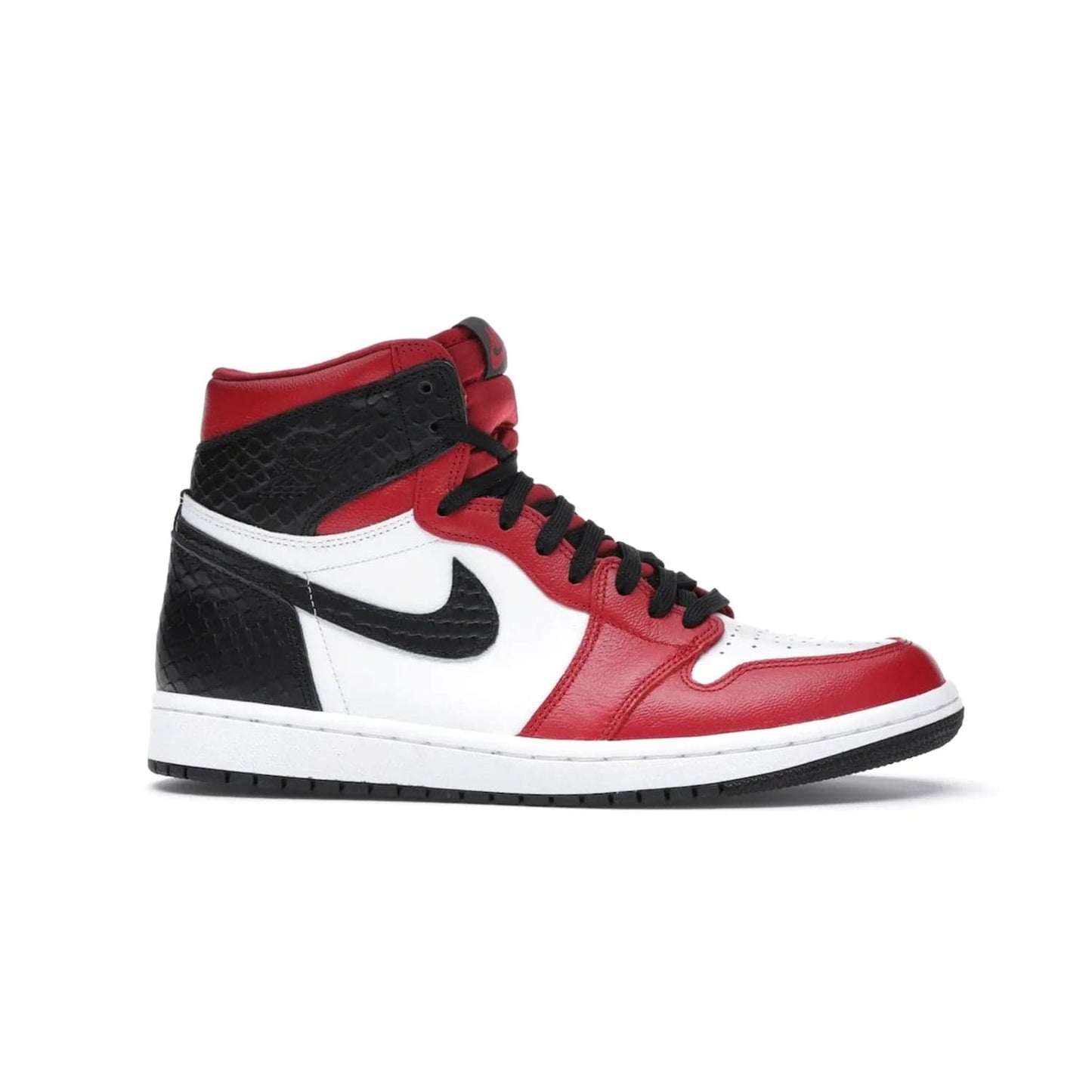 Jordan 1 Retro High Satin Snake Chicago (Women's) - Image 2 - Only at www.BallersClubKickz.com - Upscale Jordan 1 Retro High Satin Snake Chicago (Women's). Crafted from red and white leather with faux snakeskin details and red satin. Jordan Wings graphic on the ankle, white midsole, and striking red outsole. August 2020 release. Iconic shoes must-have for sneaker collectors.