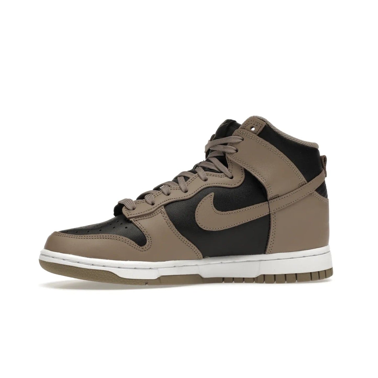 Nike Dunk High Moon Fossil (Women's) - Image 18 - Only at www.BallersClubKickz.com - The Nike Dunk High Moon Fossil is a sleek, stylish sneaker. With a black leather upper, light brown overlays and Nike Swooshes, this 2021 release is perfect for the stylish sneakerhead. A white midsole and beige outsole complete the look for comfortable daily wear.