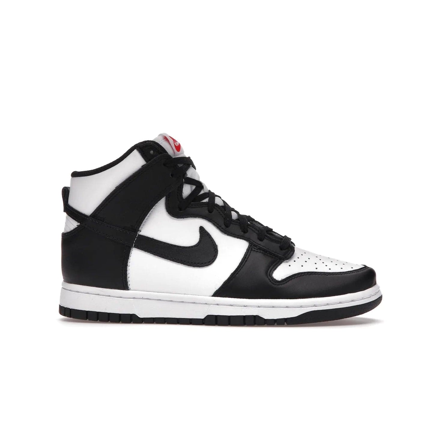 Nike Dunk High Panda (2021) (Women's) - Image 2 - Only at www.BallersClubKickz.com - The Nike Dunk High Panda (2021) (Women's) shoe offers stylish comfort. Featuring black and white leather uppers, a matching sole, with a red woven tongue label, this luxurious shoe will make any outfit stand out. Dare to be different and add to your wardrobe today!