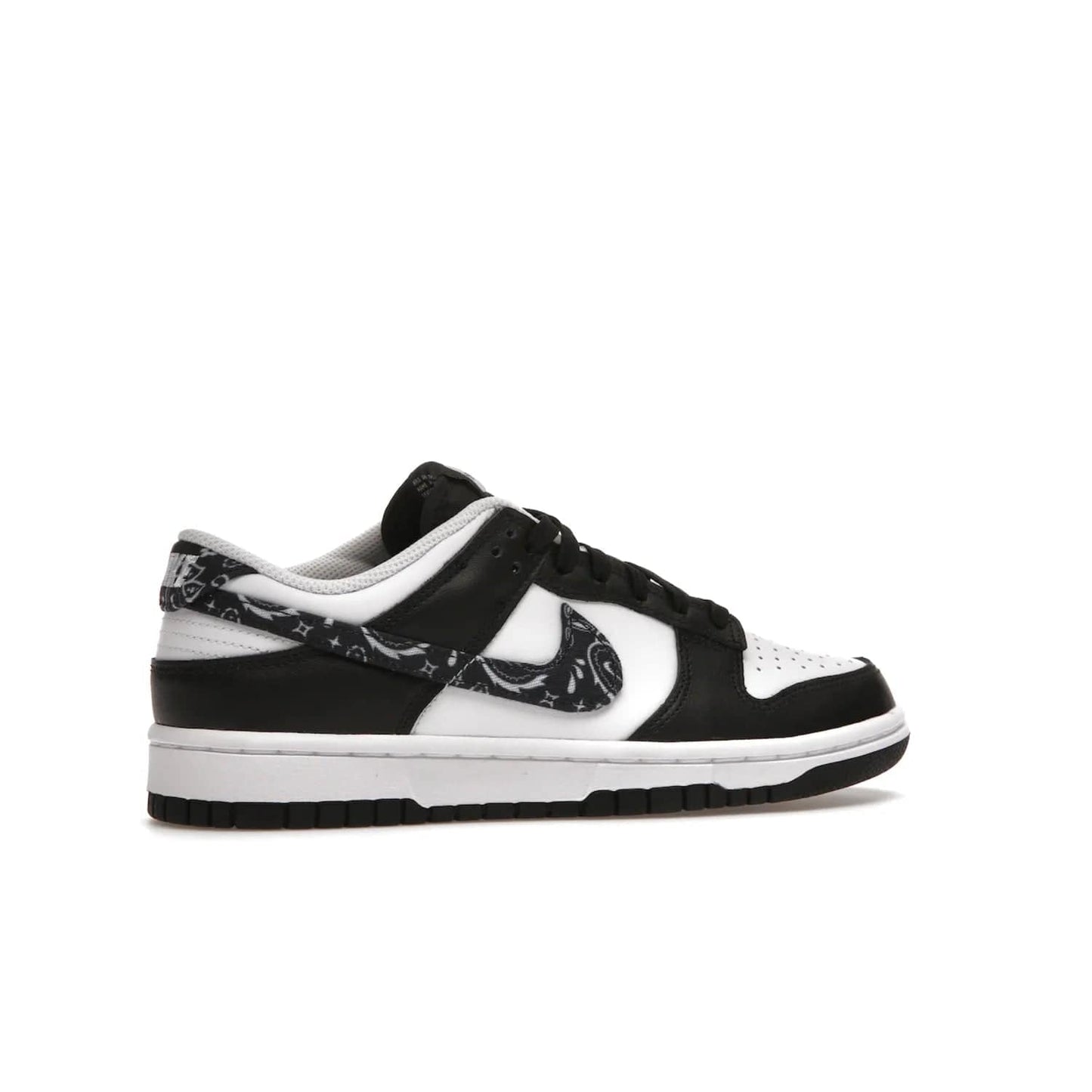 Nike Dunk Low Essential Paisley Pack Black (Women's) - Image 35 - Only at www.BallersClubKickz.com - Make a statement with the all-black Nike Dunk Low Essential Paisley Pack Black (Women's) featuring white leather overlays, a stunning paisley bandana print, and a white midsole for comfort and optimal grip on any surface.