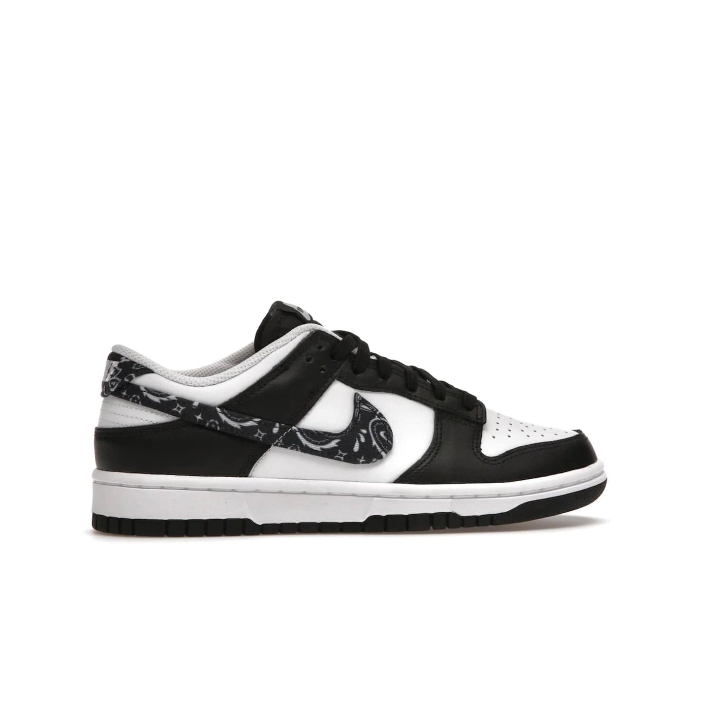 Nike Dunk Low Essential Paisley Pack Black (Women's) - Image 36 - Only at www.BallersClubKickz.com - Make a statement with the all-black Nike Dunk Low Essential Paisley Pack Black (Women's) featuring white leather overlays, a stunning paisley bandana print, and a white midsole for comfort and optimal grip on any surface.
