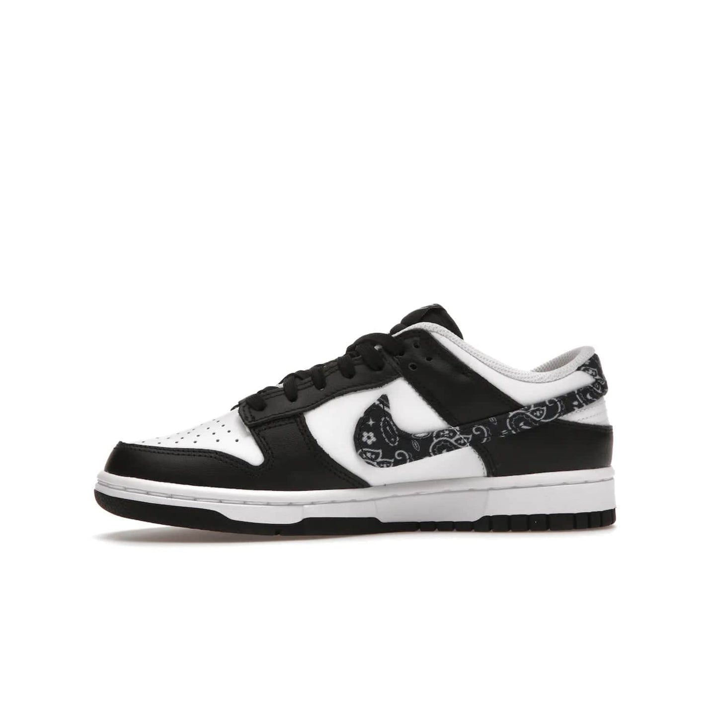 Nike Dunk Low Essential Paisley Pack Black (Women's) - Image 18 - Only at www.BallersClubKickz.com - Make a statement with the all-black Nike Dunk Low Essential Paisley Pack Black (Women's) featuring white leather overlays, a stunning paisley bandana print, and a white midsole for comfort and optimal grip on any surface.