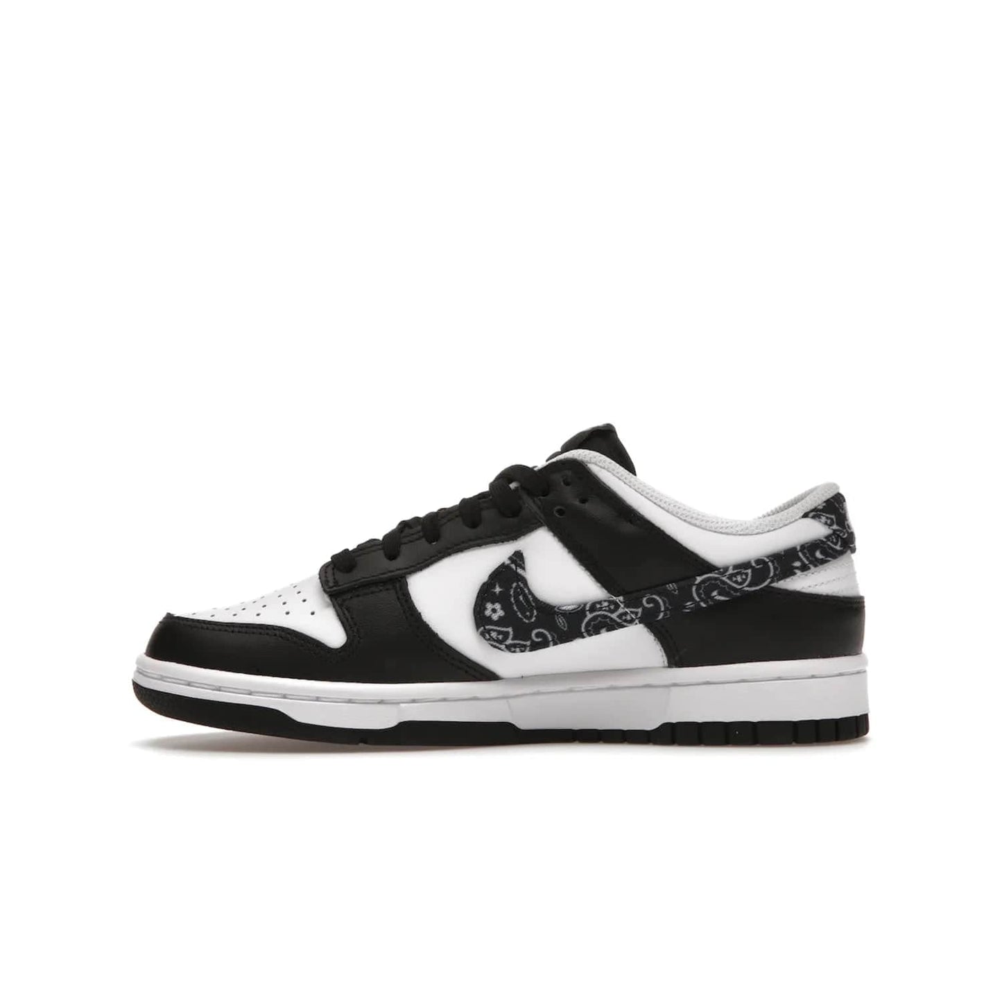 Nike Dunk Low Essential Paisley Pack Black (Women's) - Image 19 - Only at www.BallersClubKickz.com - Make a statement with the all-black Nike Dunk Low Essential Paisley Pack Black (Women's) featuring white leather overlays, a stunning paisley bandana print, and a white midsole for comfort and optimal grip on any surface.