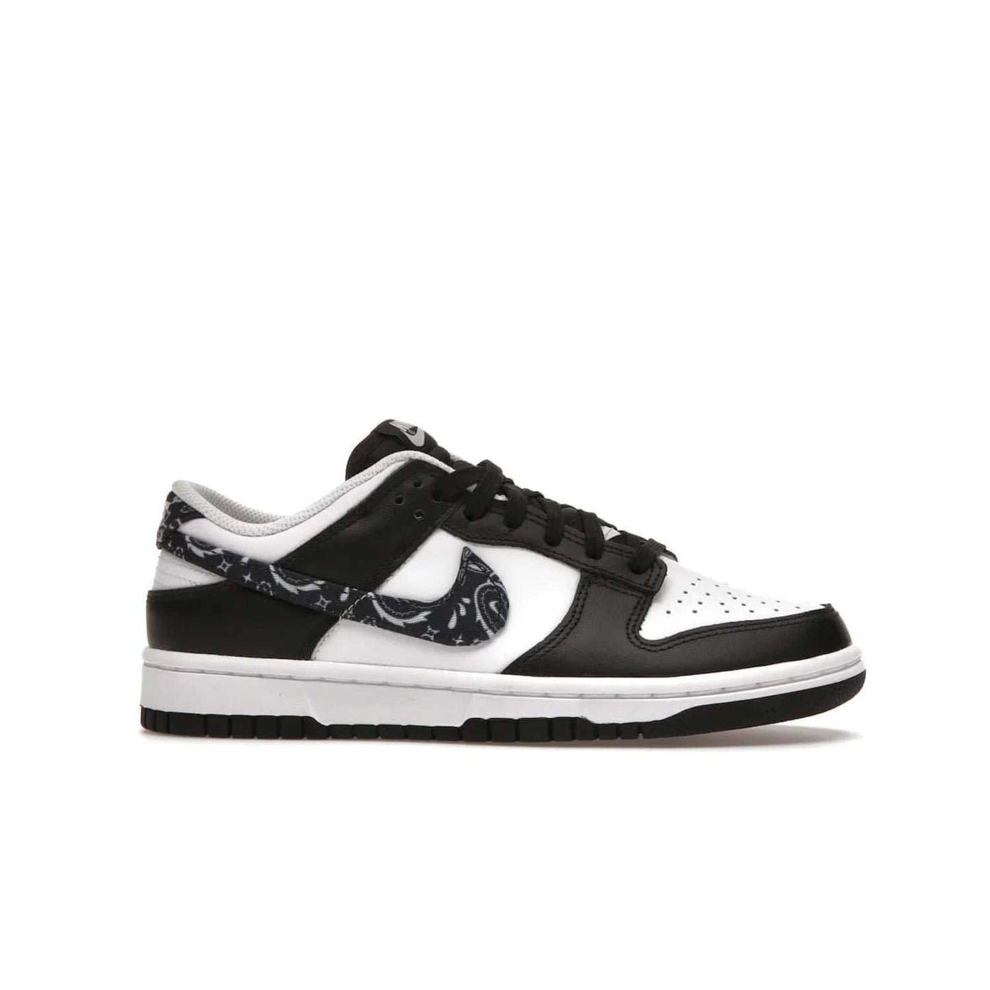 Nike Dunk Low Essential Paisley Pack Black (Women's) - Image 2 - Only at www.BallersClubKickz.com - Make a statement with the all-black Nike Dunk Low Essential Paisley Pack Black (Women's) featuring white leather overlays, a stunning paisley bandana print, and a white midsole for comfort and optimal grip on any surface.